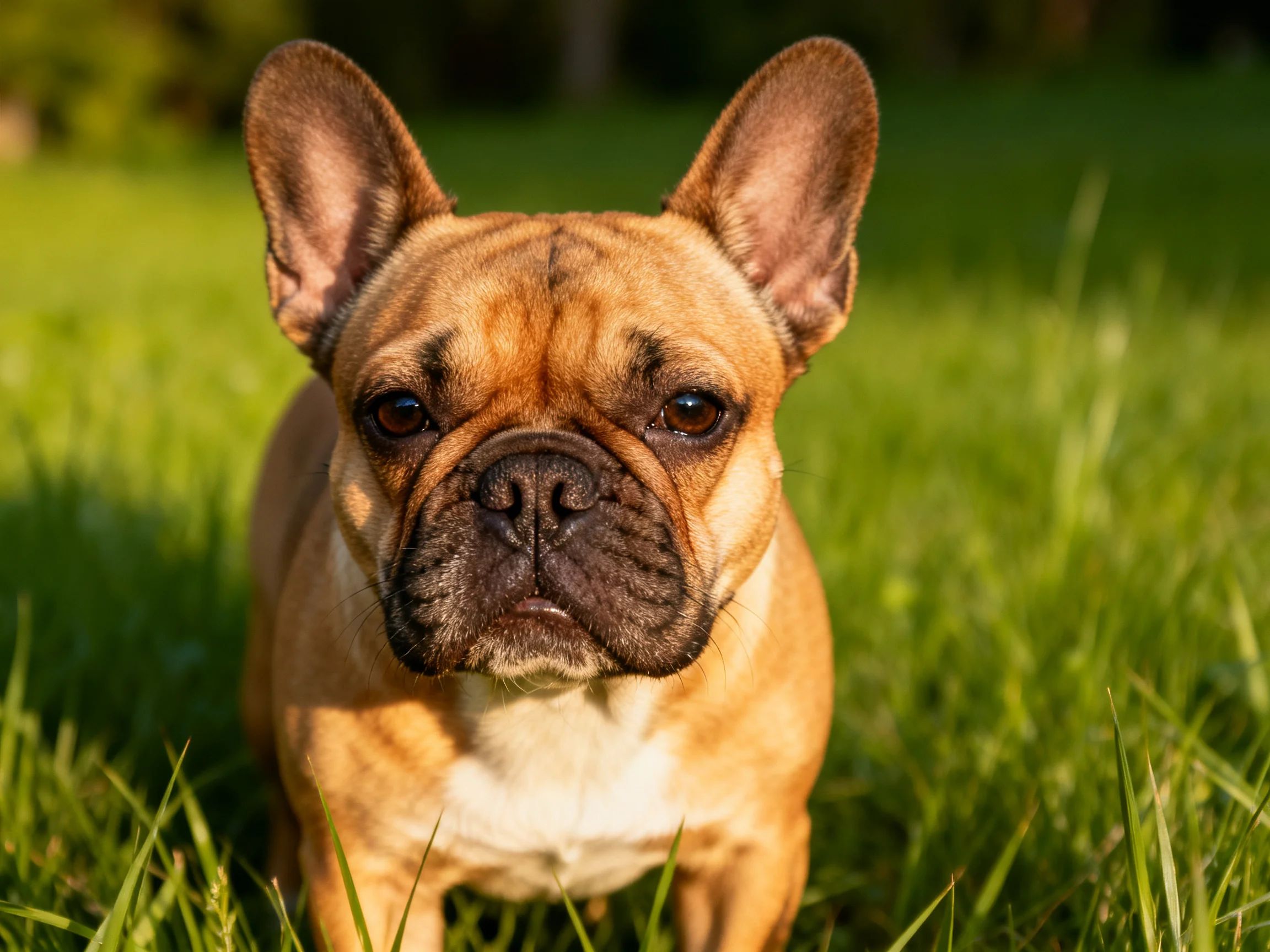 A tan French bulldog sits calmly among tall green grass.