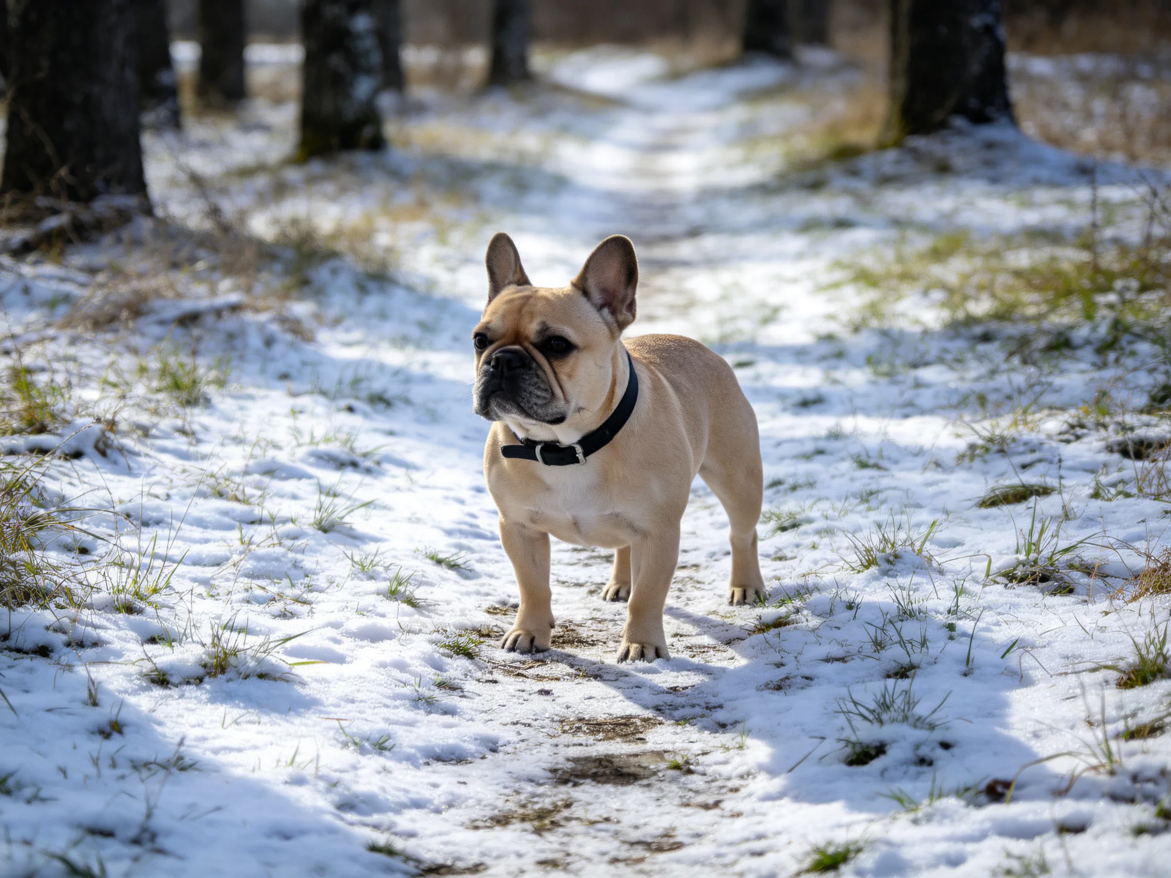 A tan French bulldog stands on a snow-dusted forest path