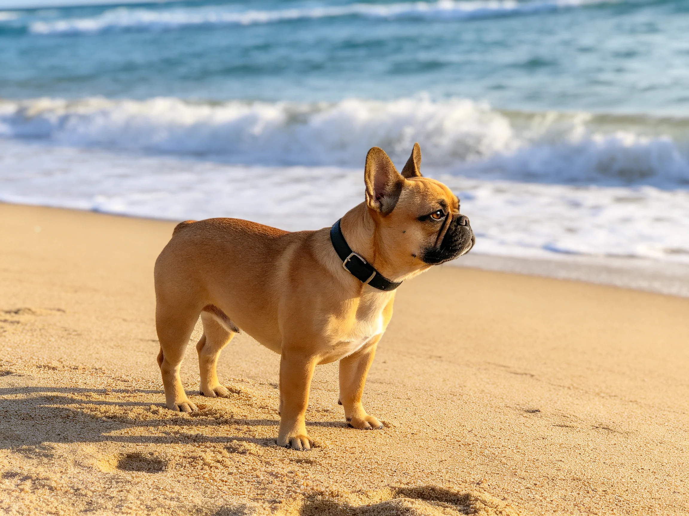 A tan French bulldog stands on golden sand near crashing blue waves