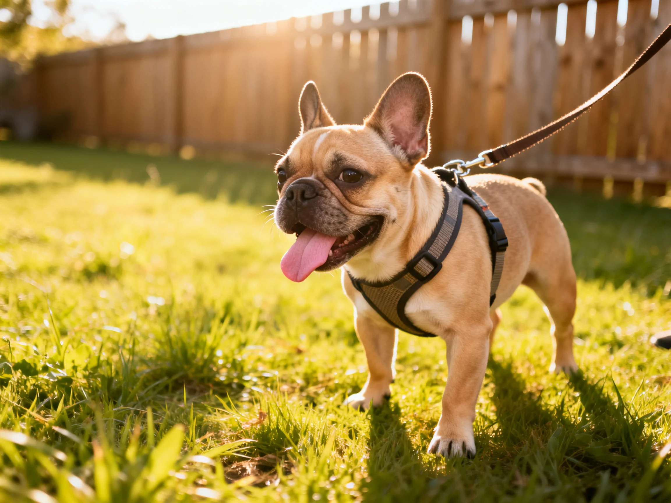 A tan French bulldog stands on grass in a sunlit backyard.