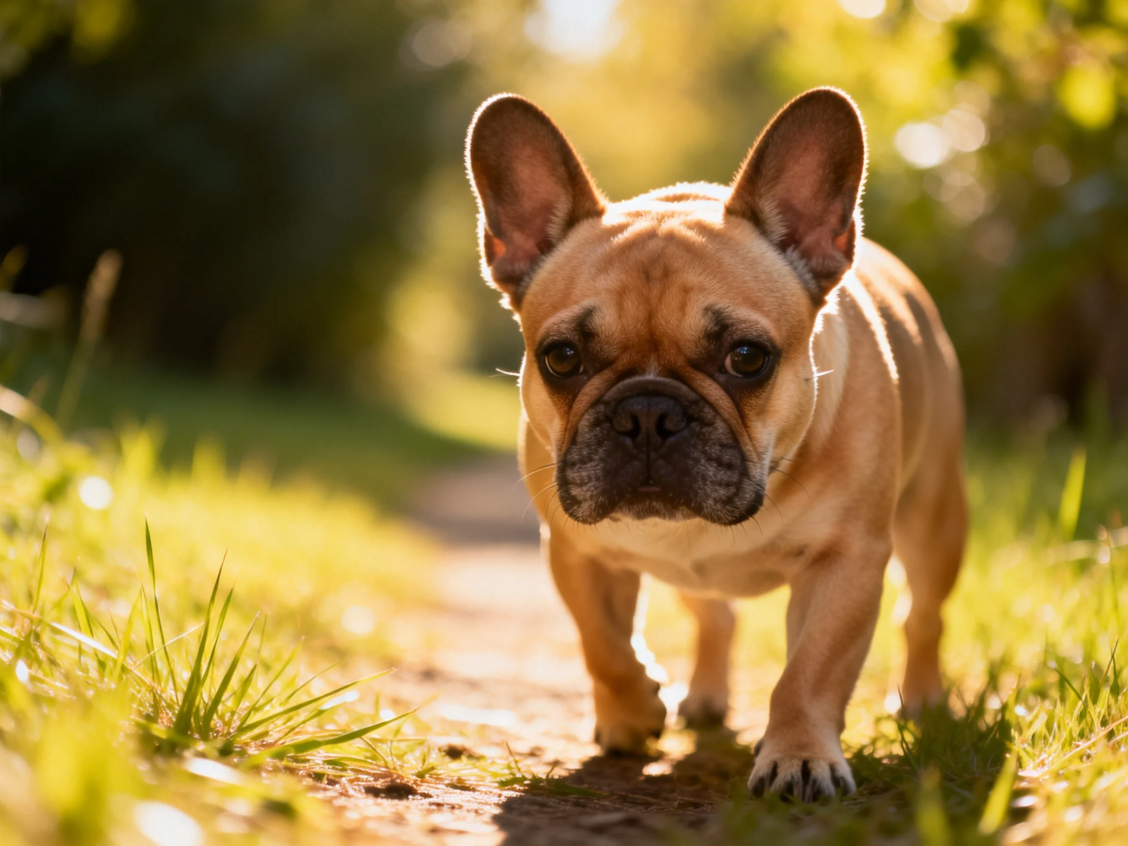 A tan French bulldog walks along a sunlit dirt path in a grassy area.