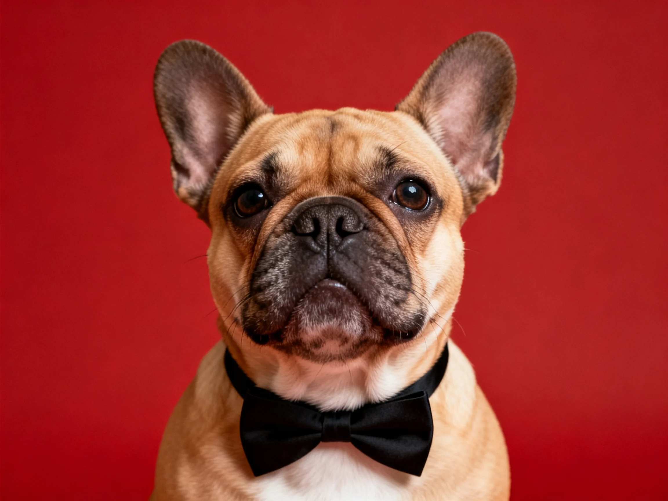 A tan French bulldog with a black bow tie stands before a solid red background.