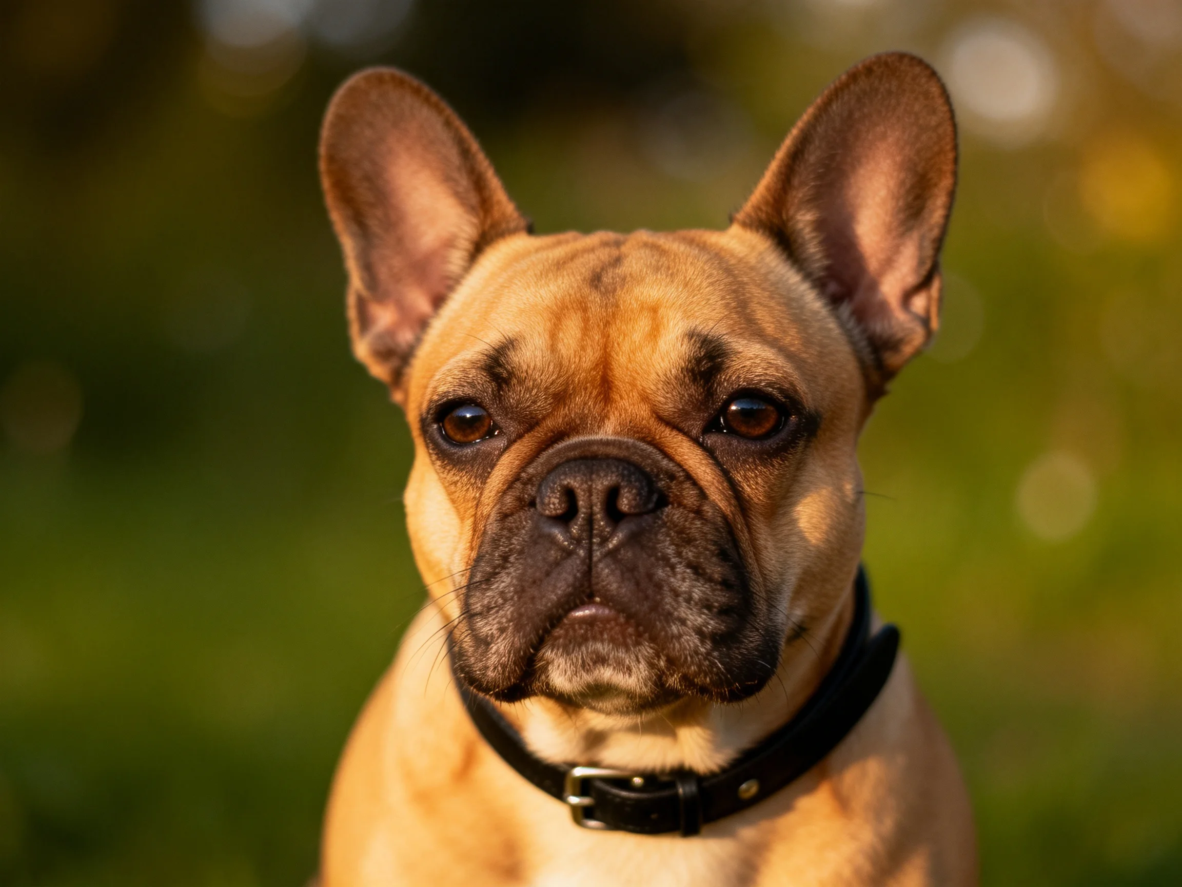 A tan French bulldog wearing a black collar is photographed outdoors with a blurred green background.