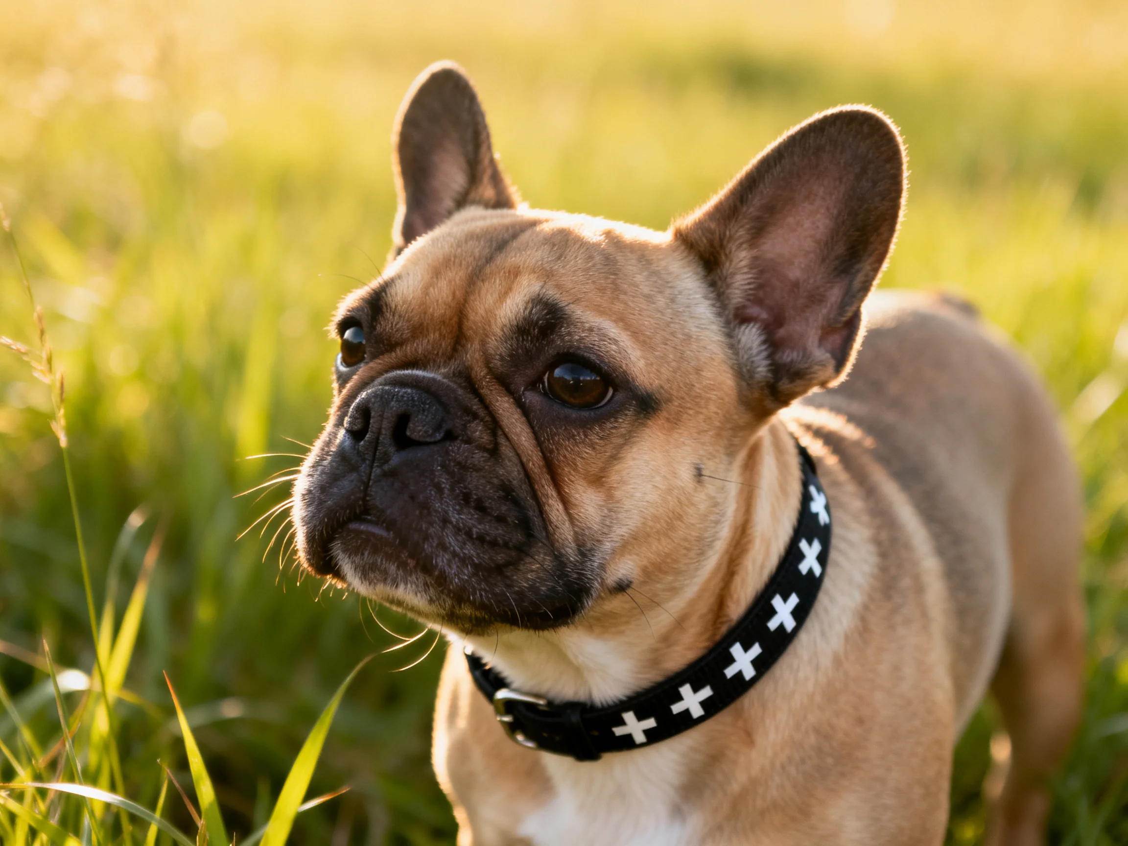 A tan French bulldog wearing a black cross collar stands in a sunlit grassy area.