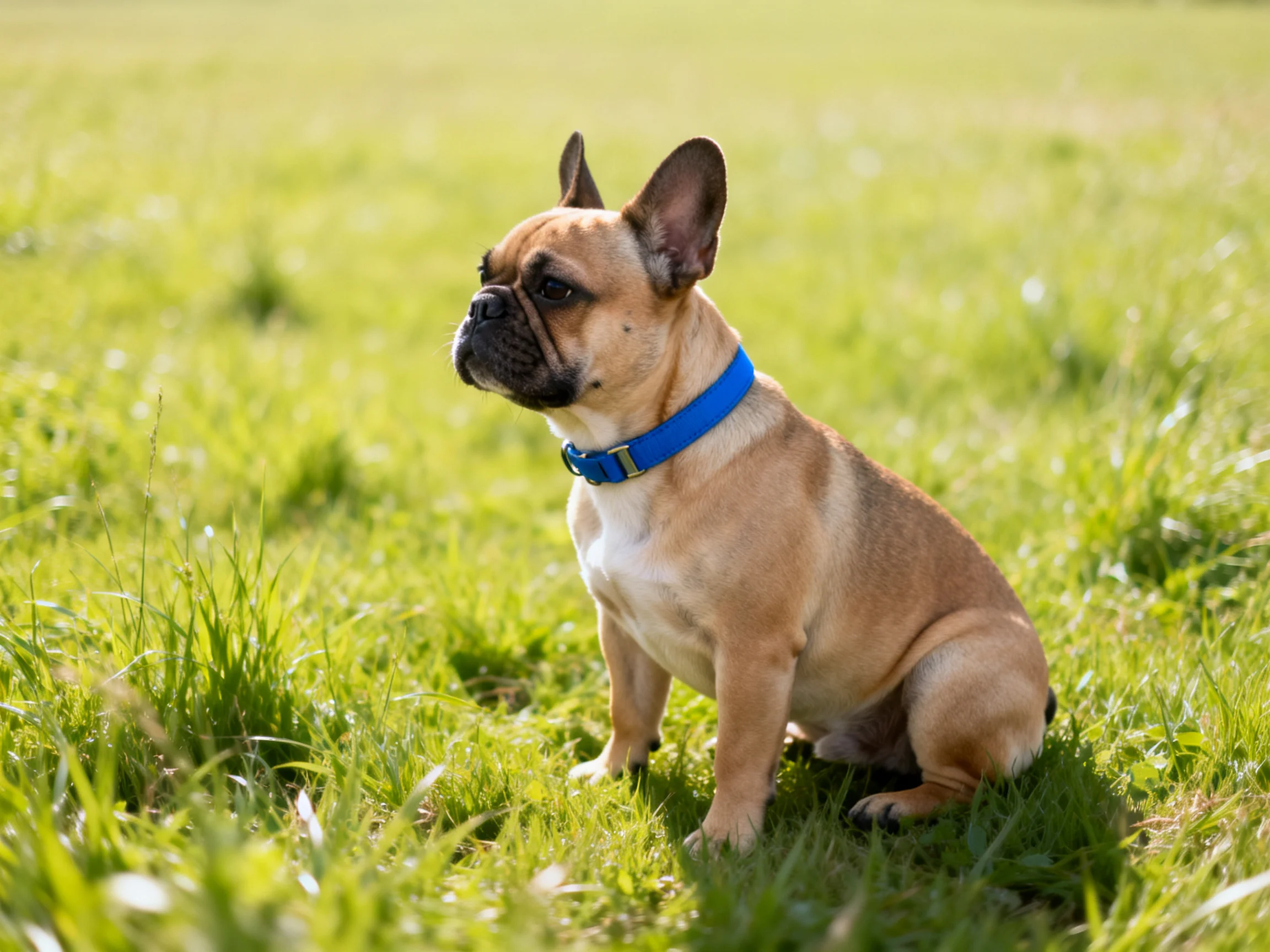 A tan French bulldog sits on green grass wearing a blue collar
