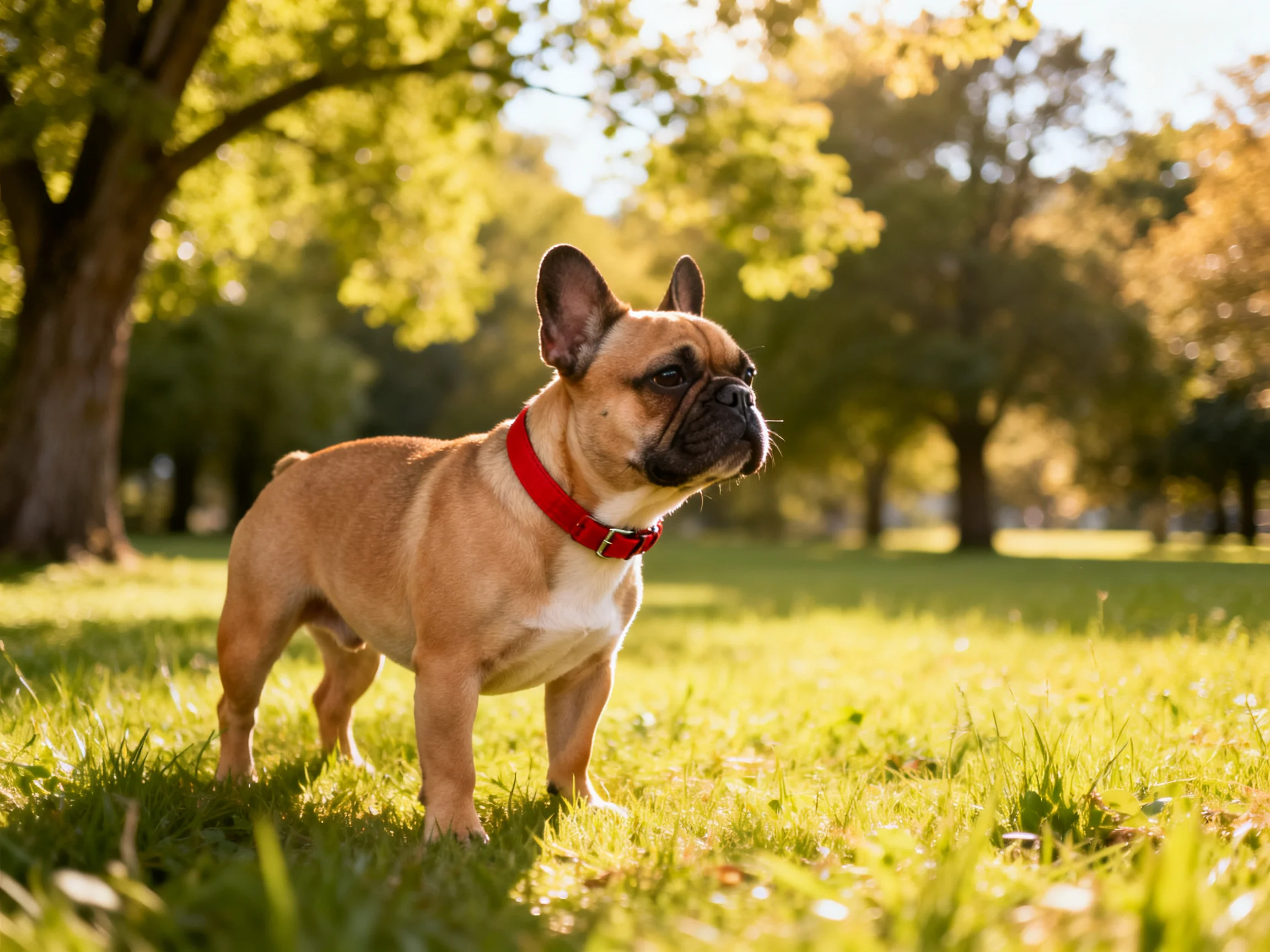 A tan French bulldog with a red collar stands in a sunlit park