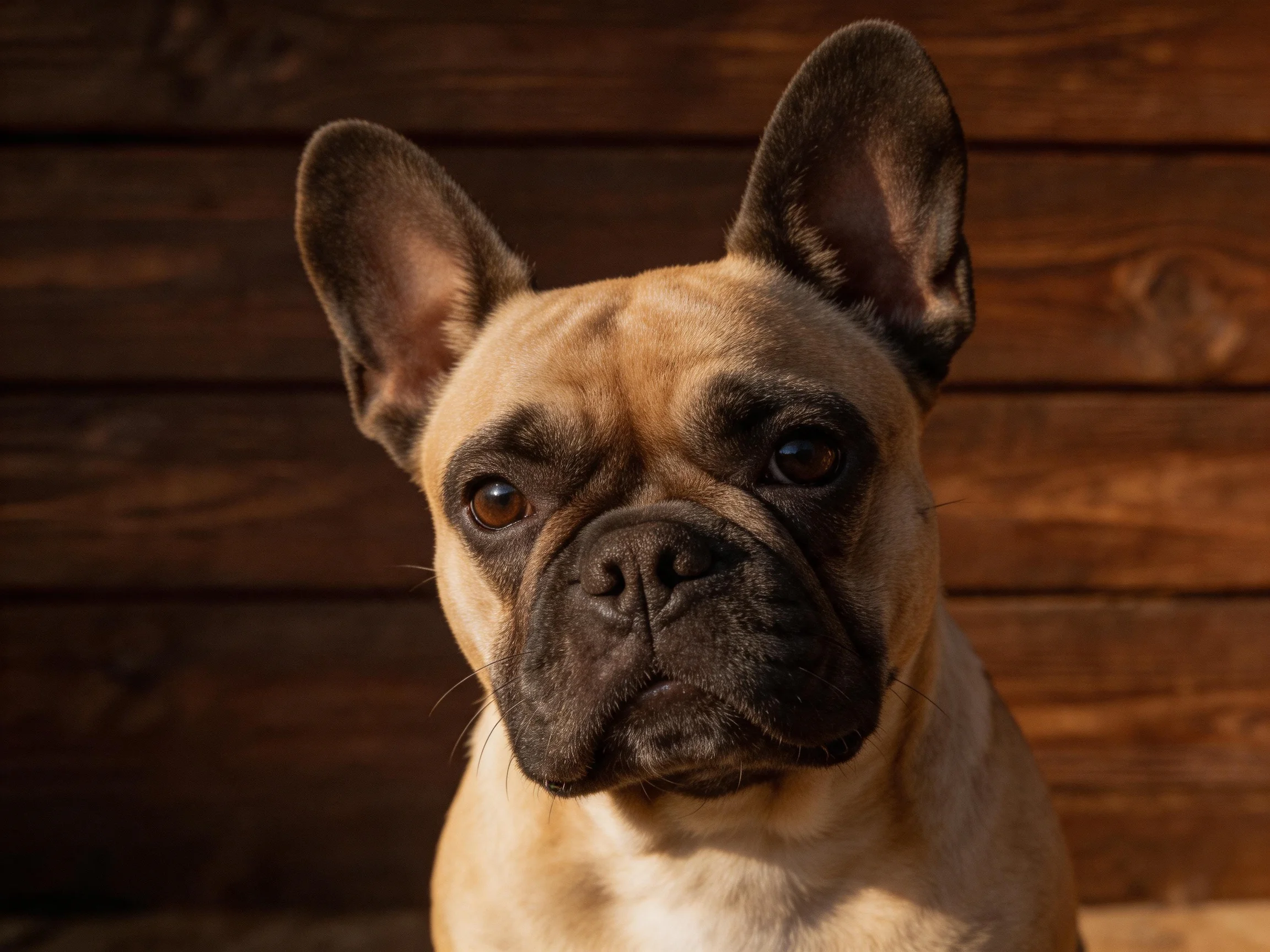 A tan French bulldog with dark ears stands before wooden planks
