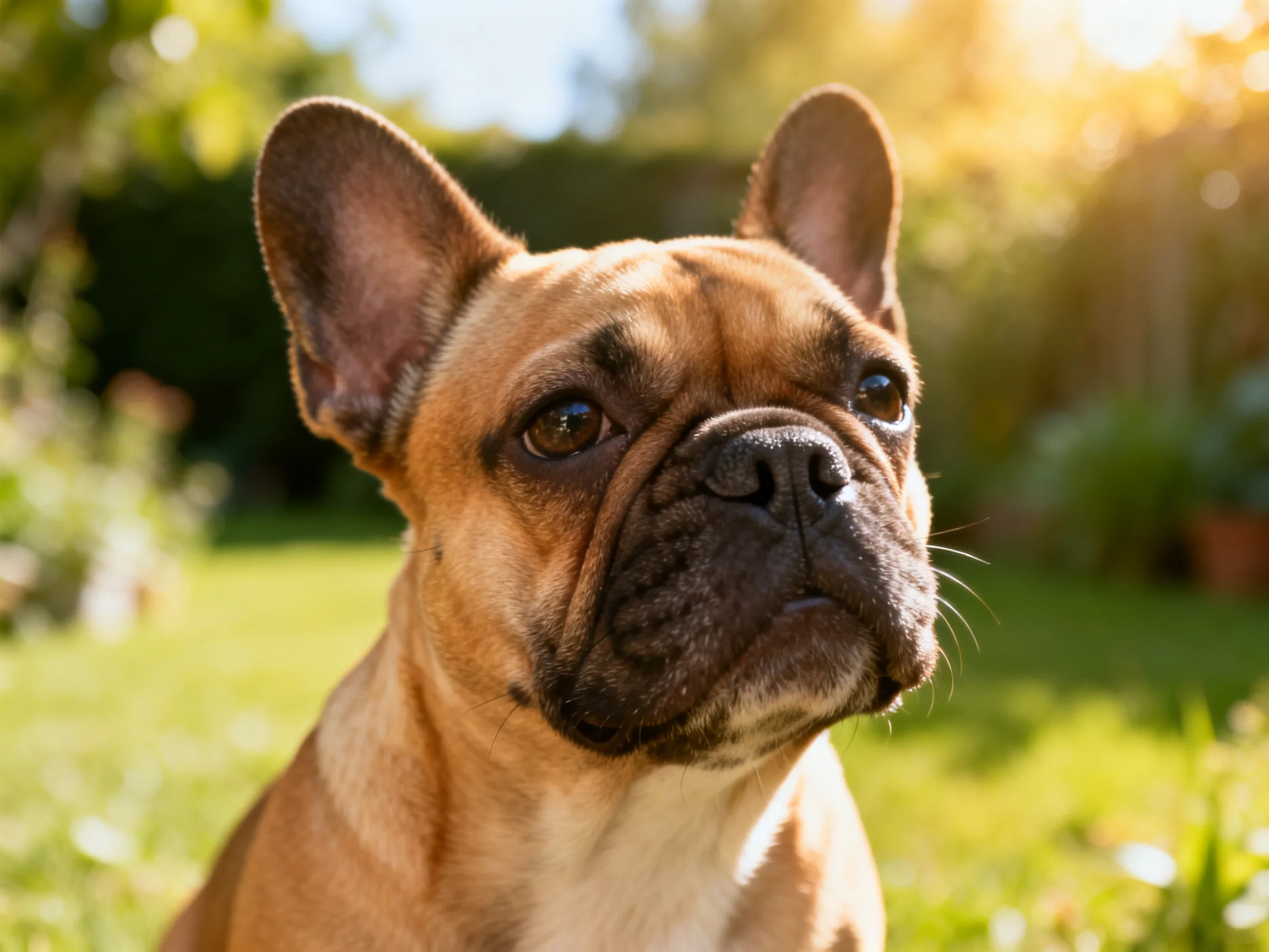 A tan French bulldog with dark facial markings in a sunlit garden