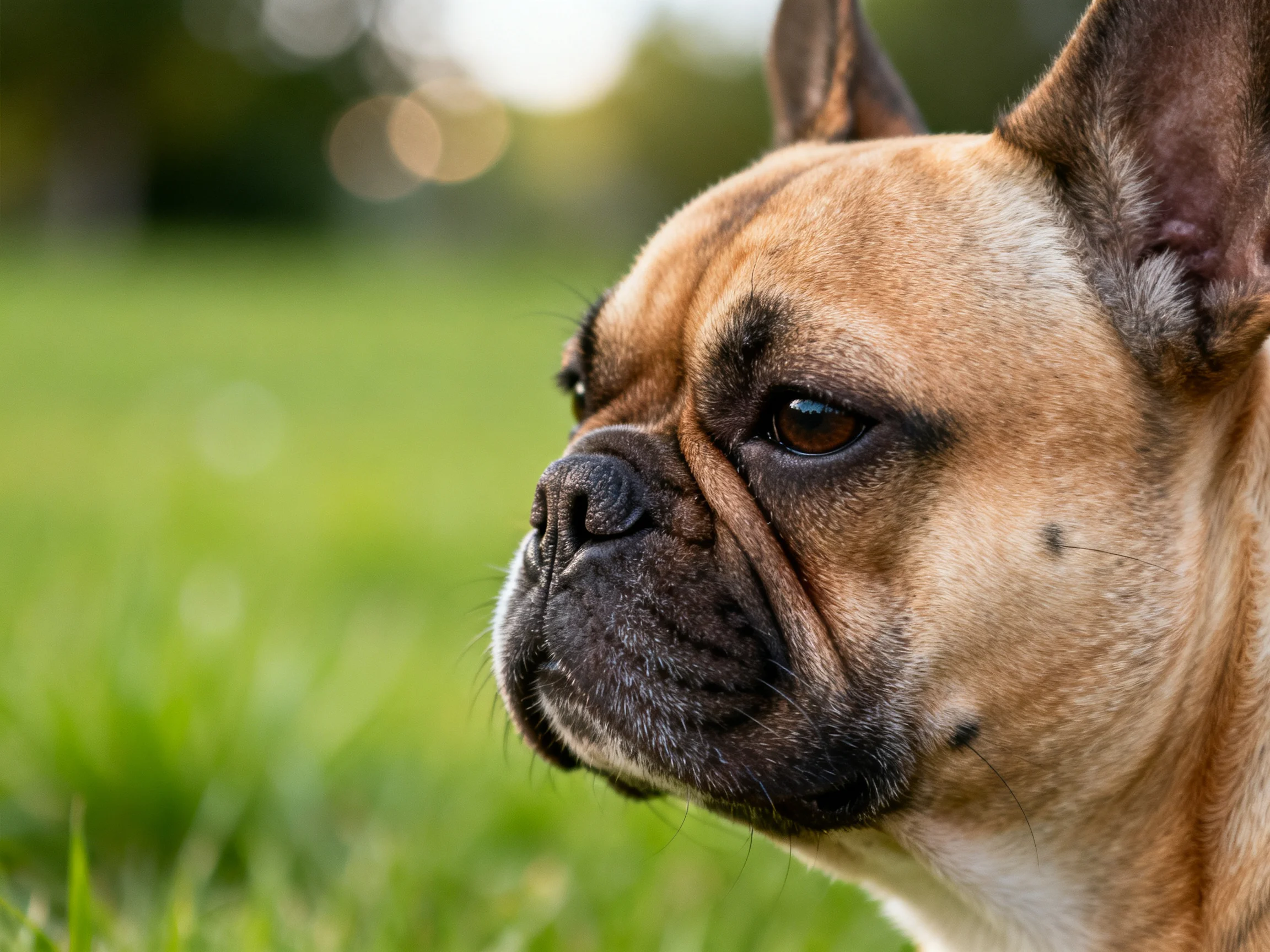 A tan French bulldog with dark facial features rests on a grassy field.