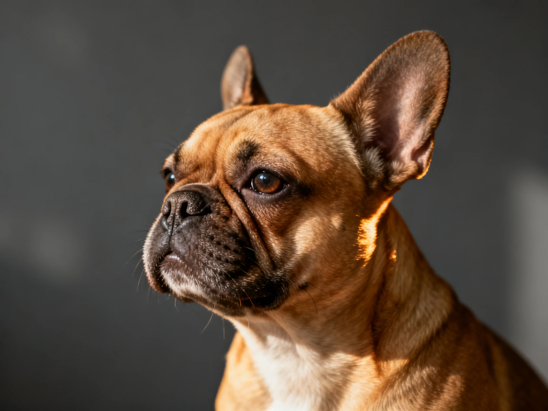 A tan French bulldog with large ears is shown against a dark background.