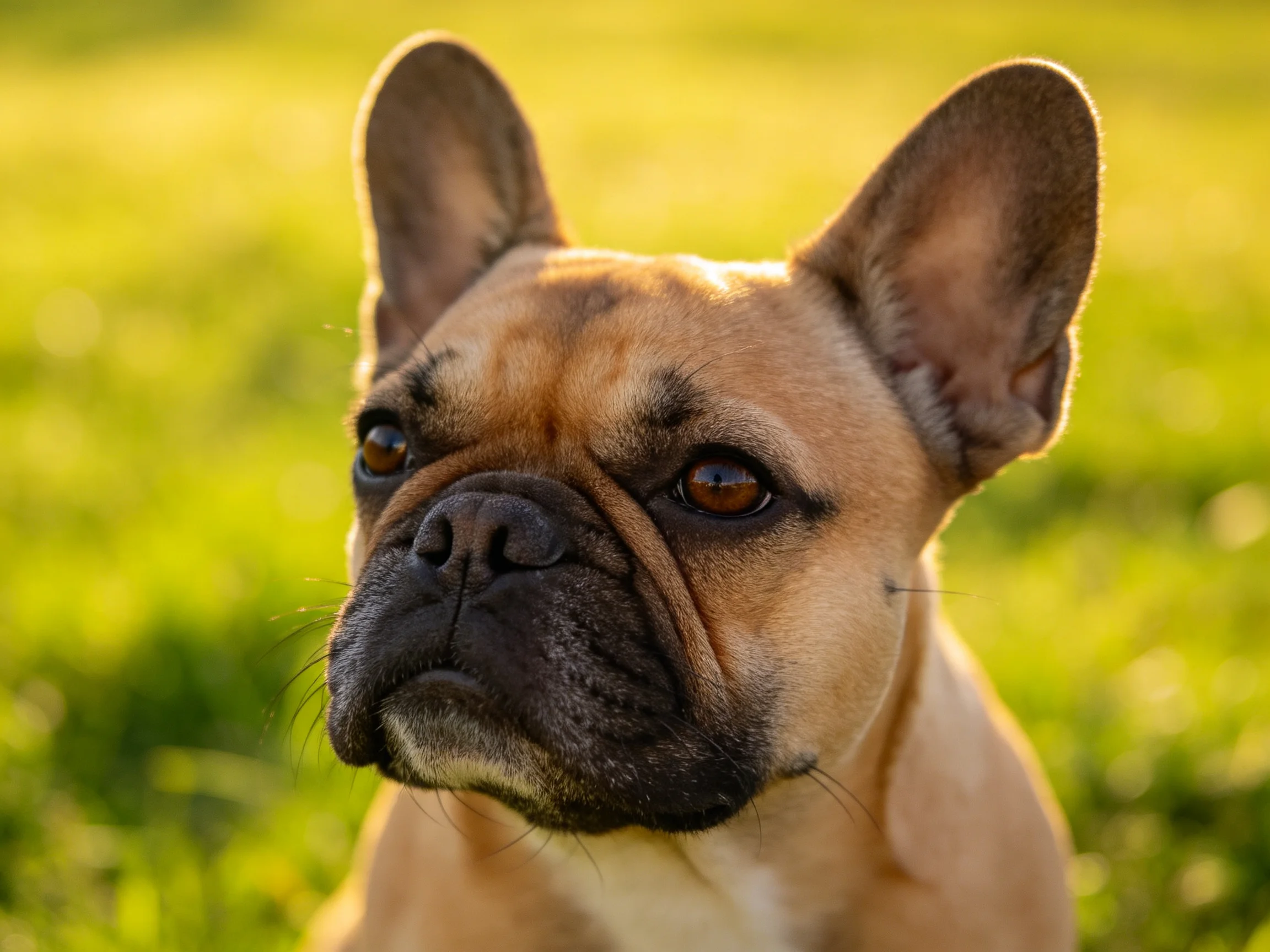 A tan French bulldog with upright ears in a sunlitgreen field