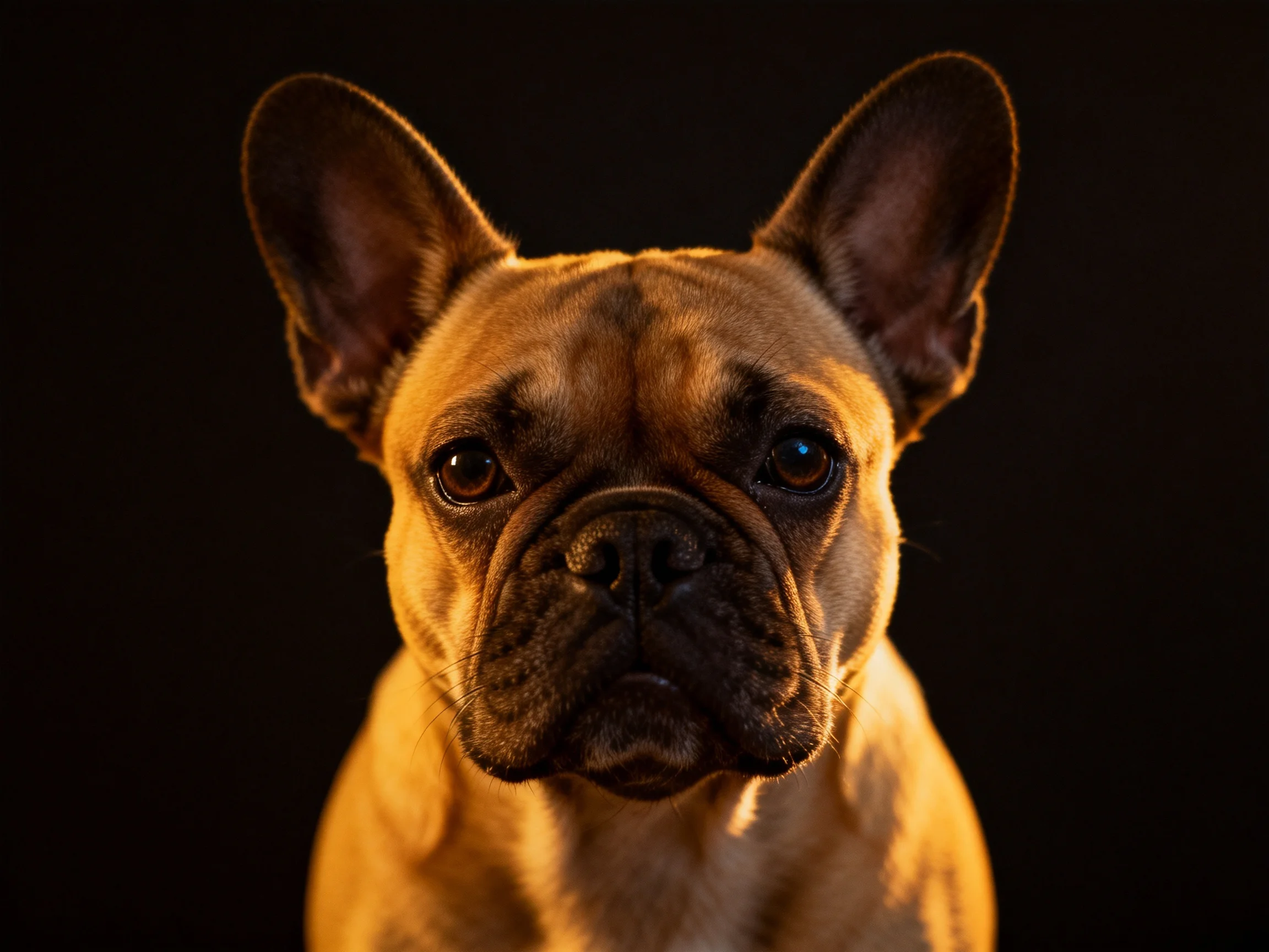 A tan French bulldog with upright ears on a dark backdrop