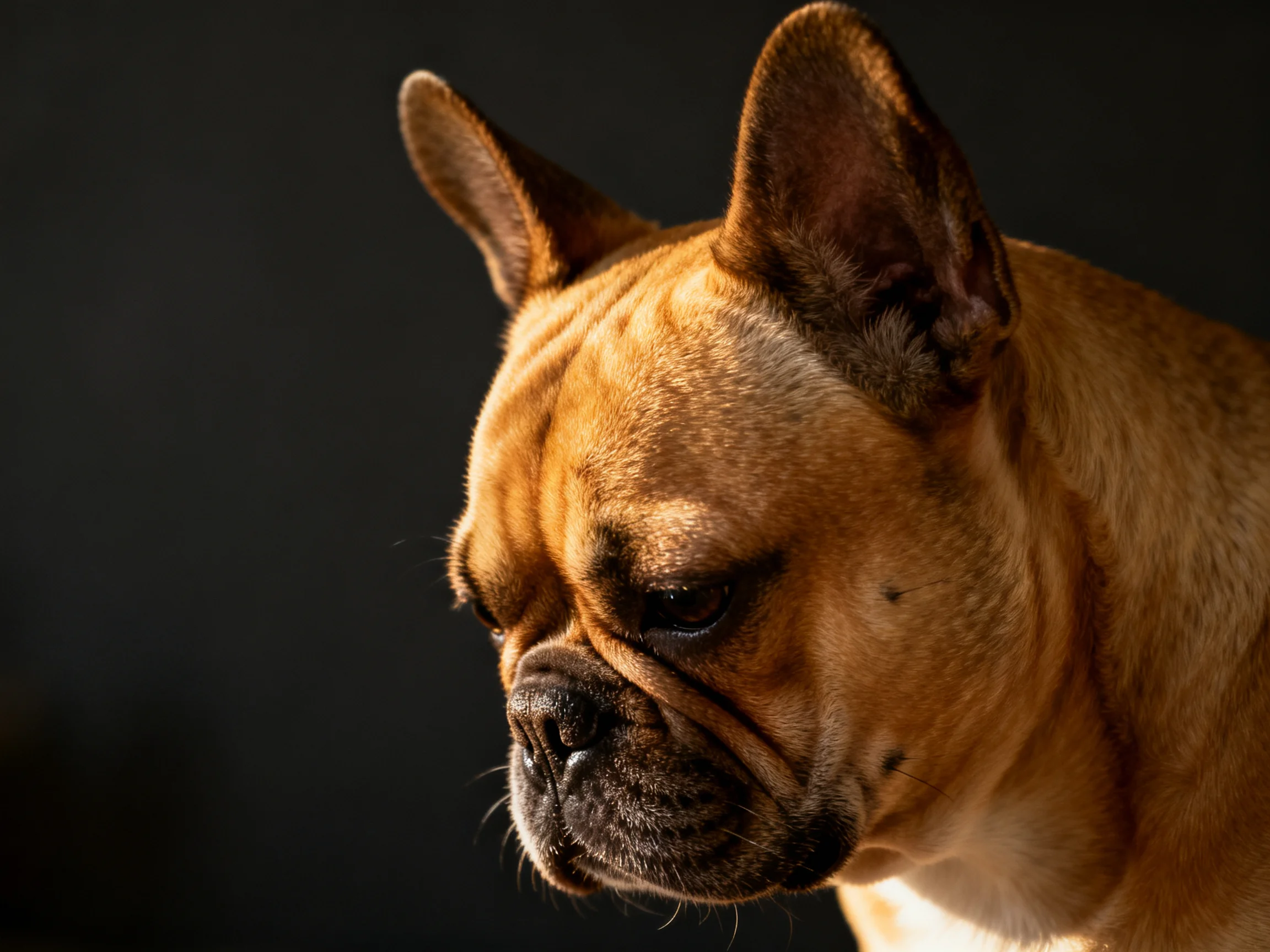 A tan French bulldog with upright ears on a dark background