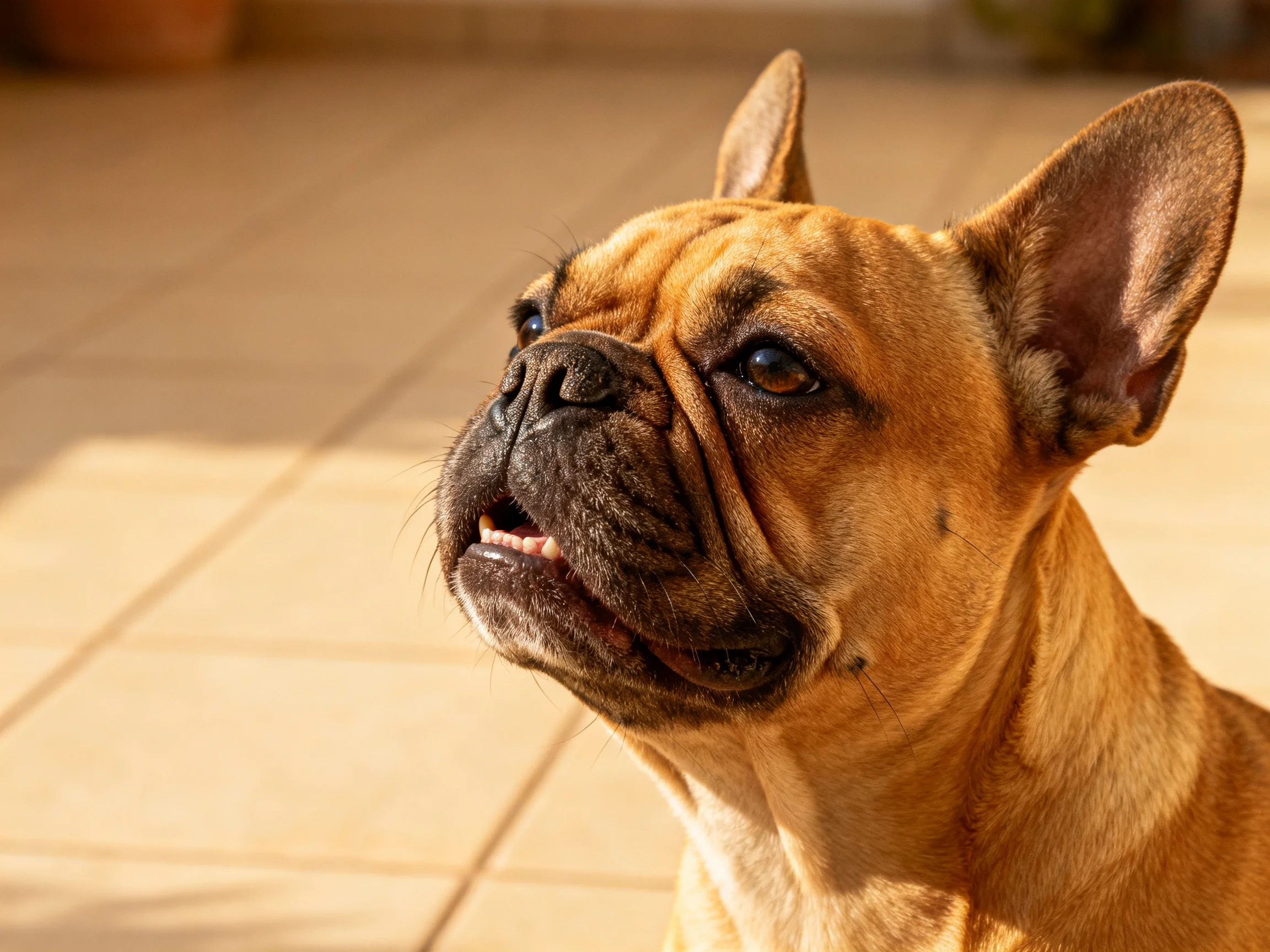 A tan French bulldog with upright ears on a tiled patio