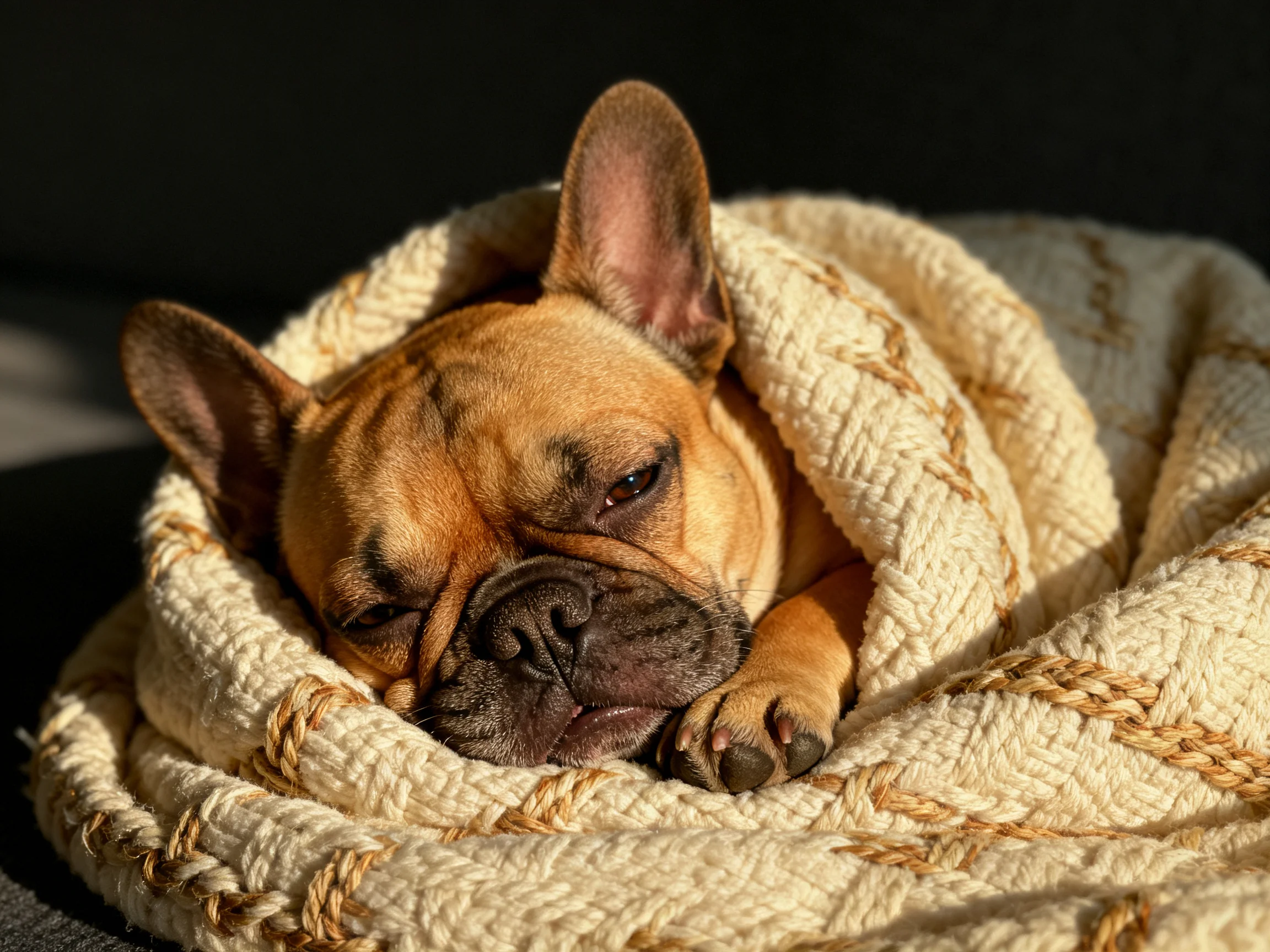 A tan French bulldog wrapped in a cream-colored knitted blanket