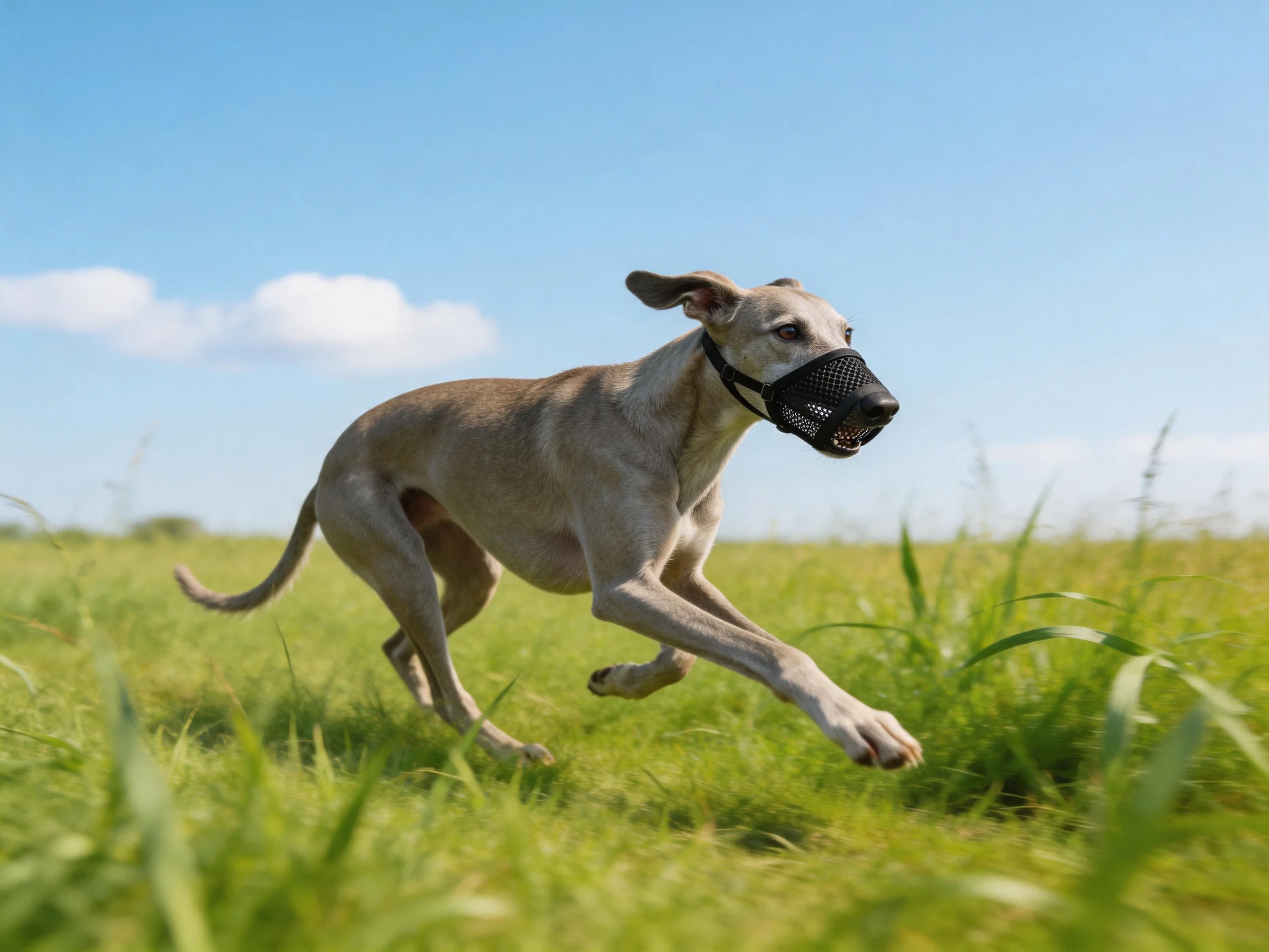 A tan Great Dane runs through a lush green meadow under a clear blue sky