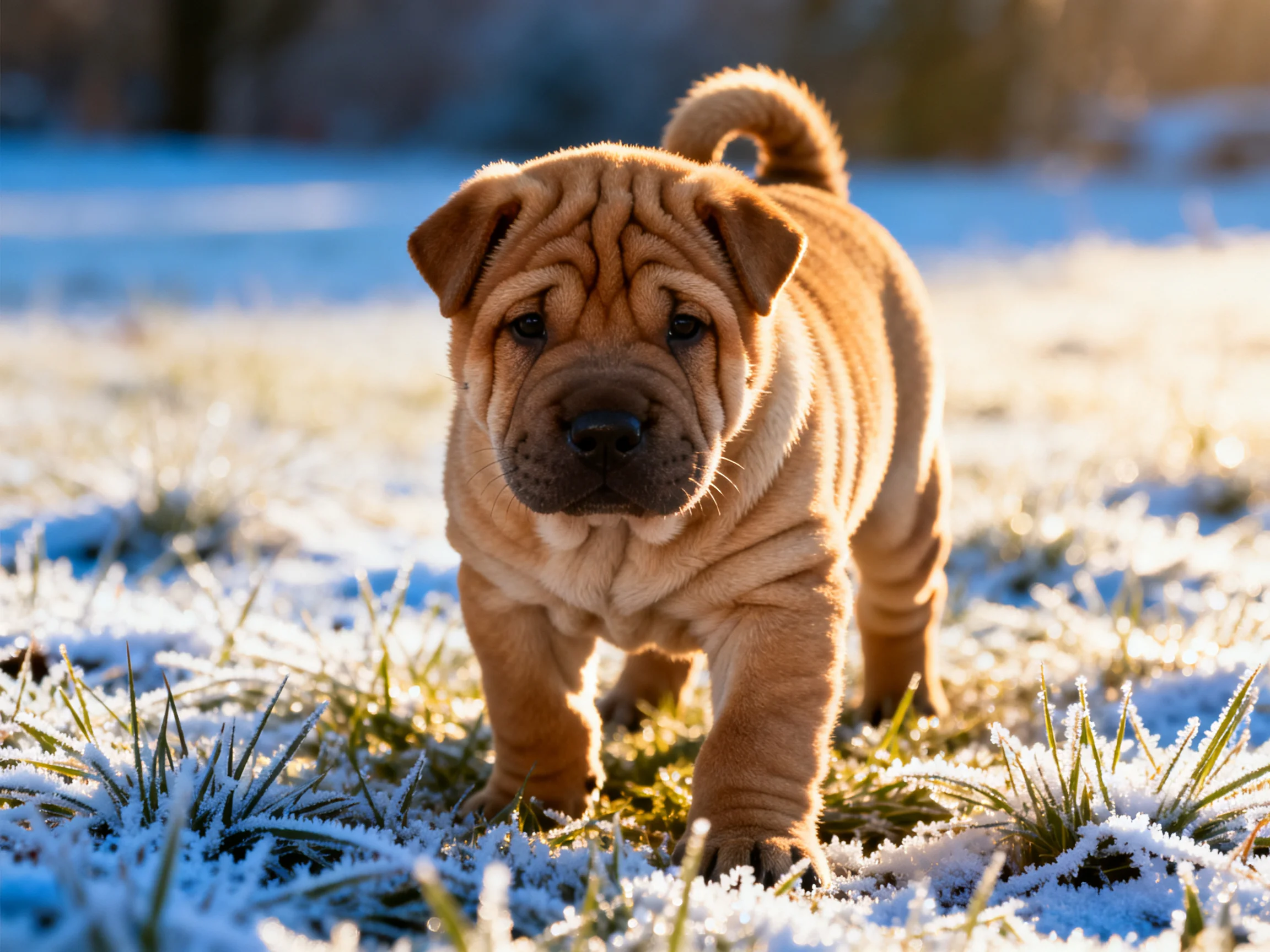 A tan Shar Pei puppy on frosty, snow-dusted grassland
