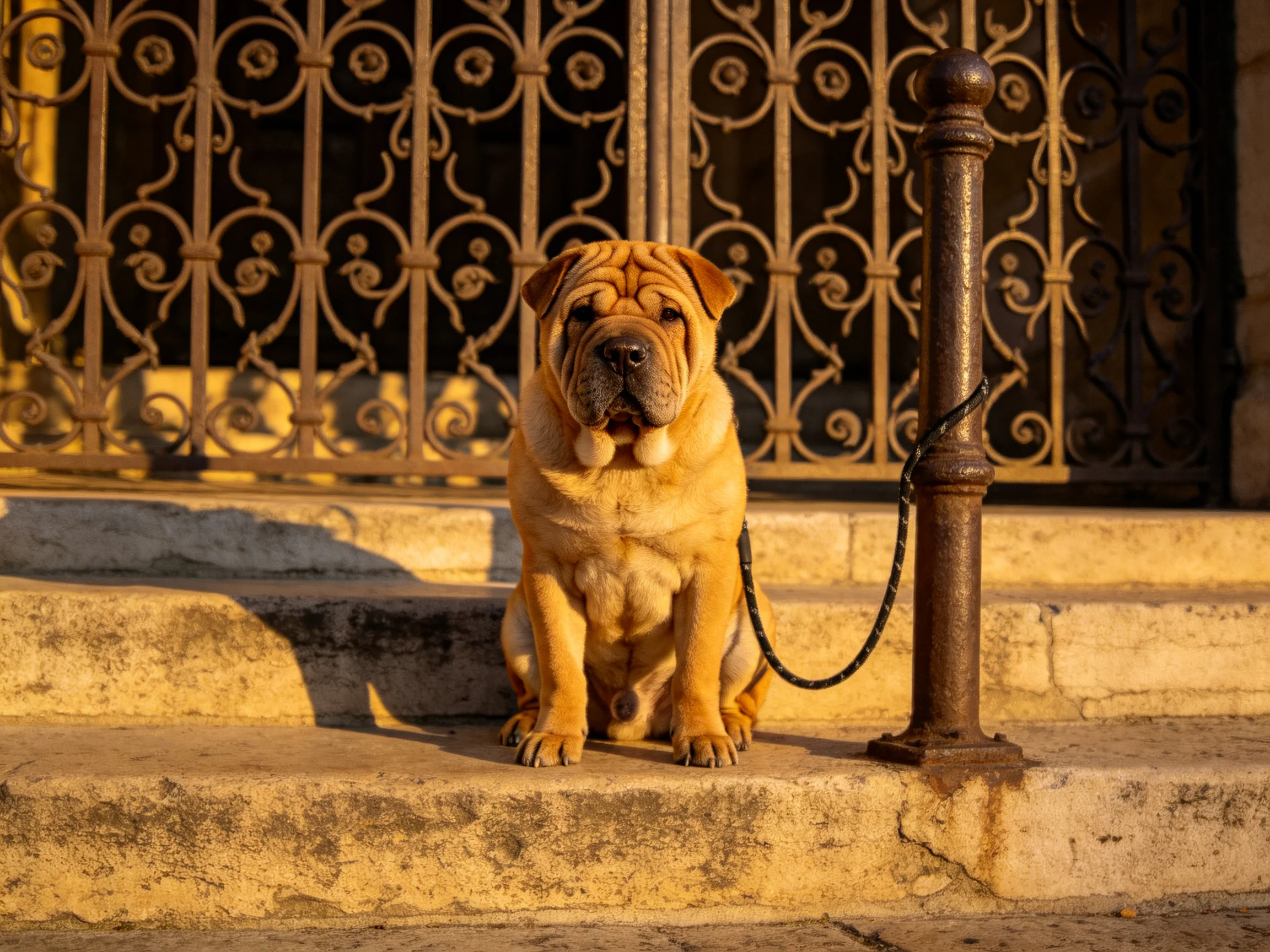 A tan Shar Pei sits on weathered stone steps near an ornate iron gate