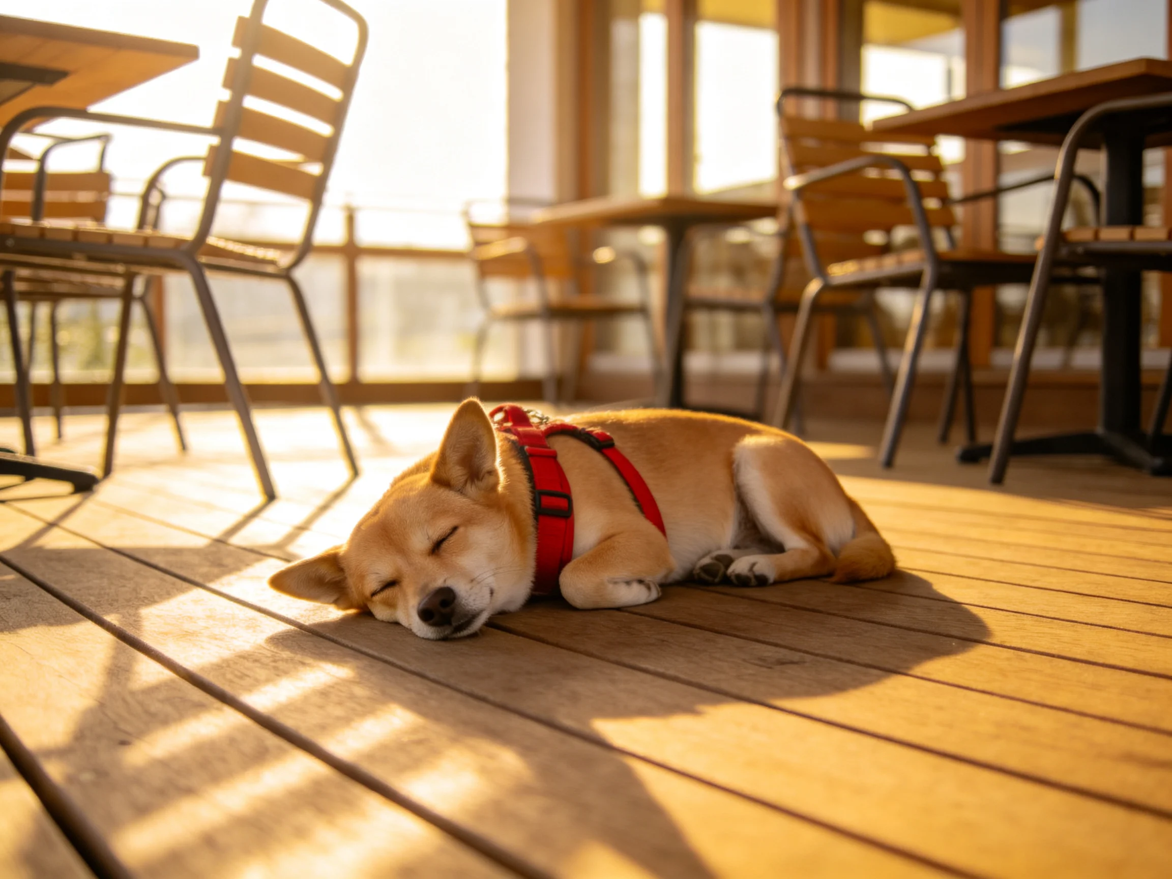 A tan Shiba Inu rests in a red harness on a sunlit wooden deck