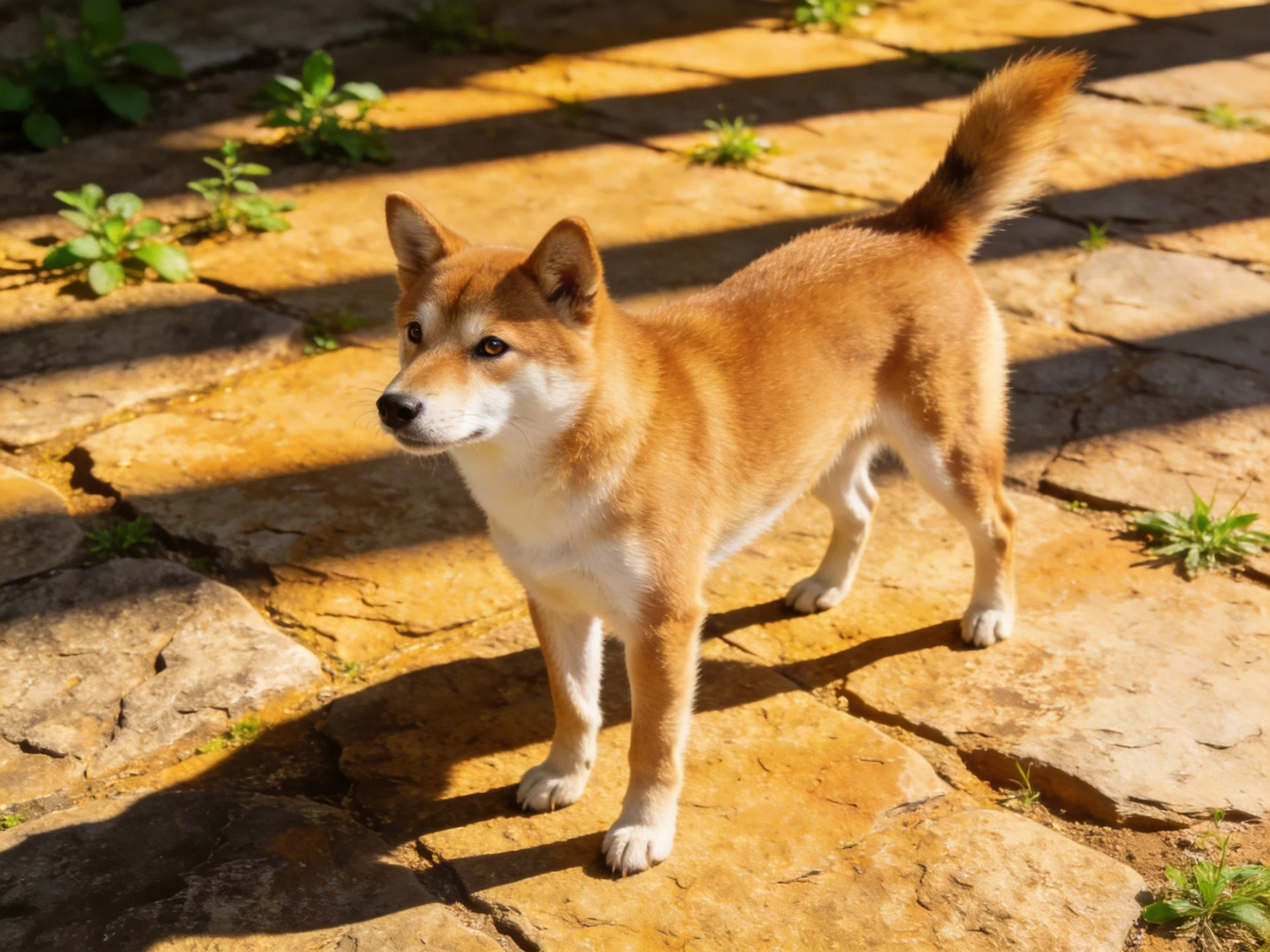 A tan Shiba Inu stands on sunlit stone pavement near small plants.