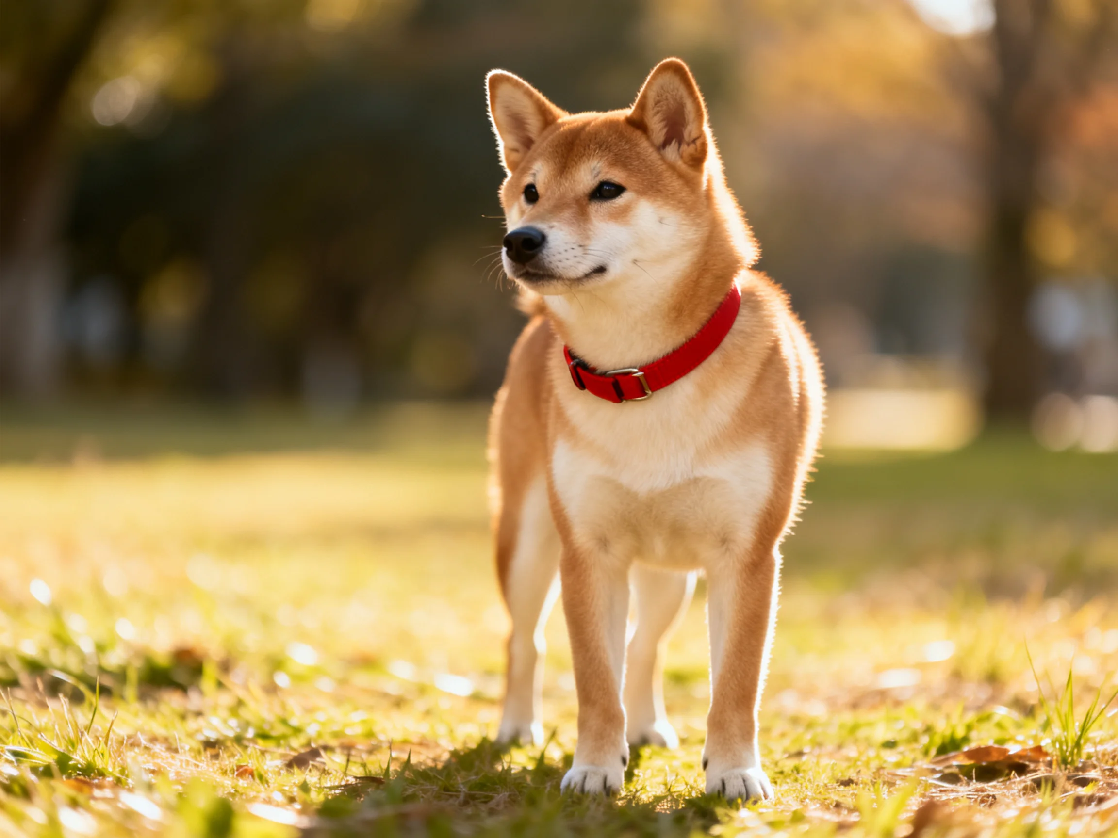 A tan Shiba Inu wearing a bright red collar stands on sunlit grass