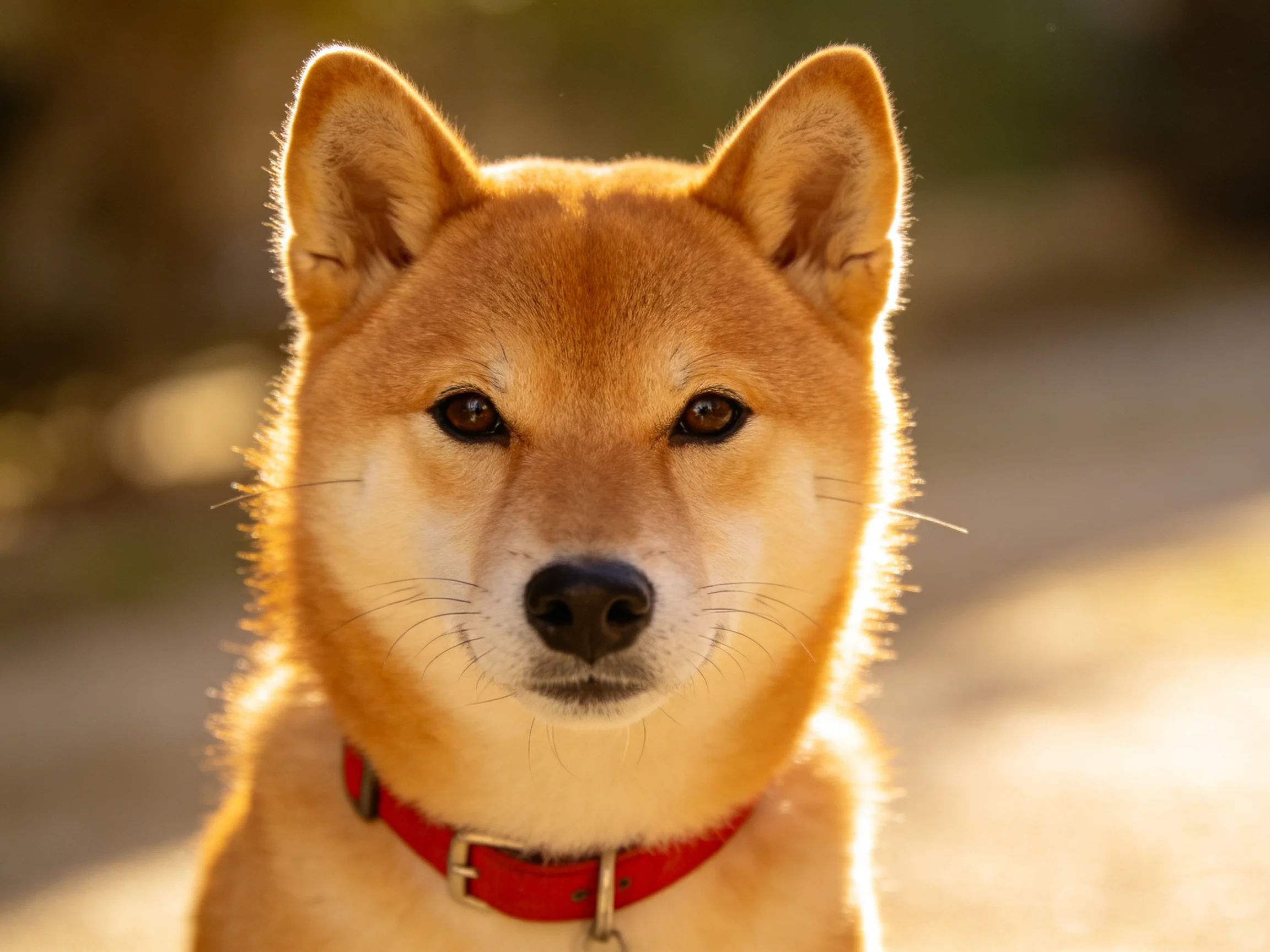 A tan Shiba Inu with a bright red collar in warm sunlight