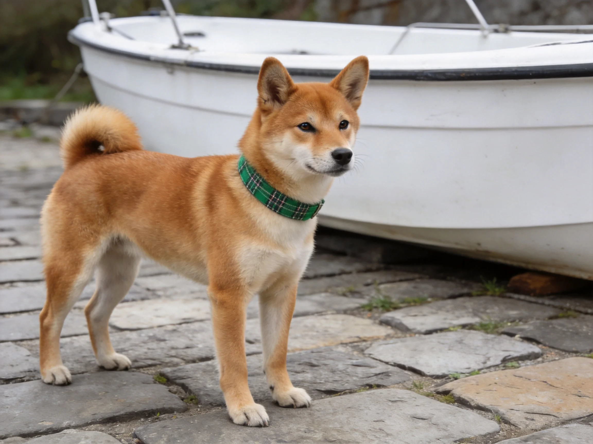 A tan Shiba Inu with a green plaid collar stands beside a white boat