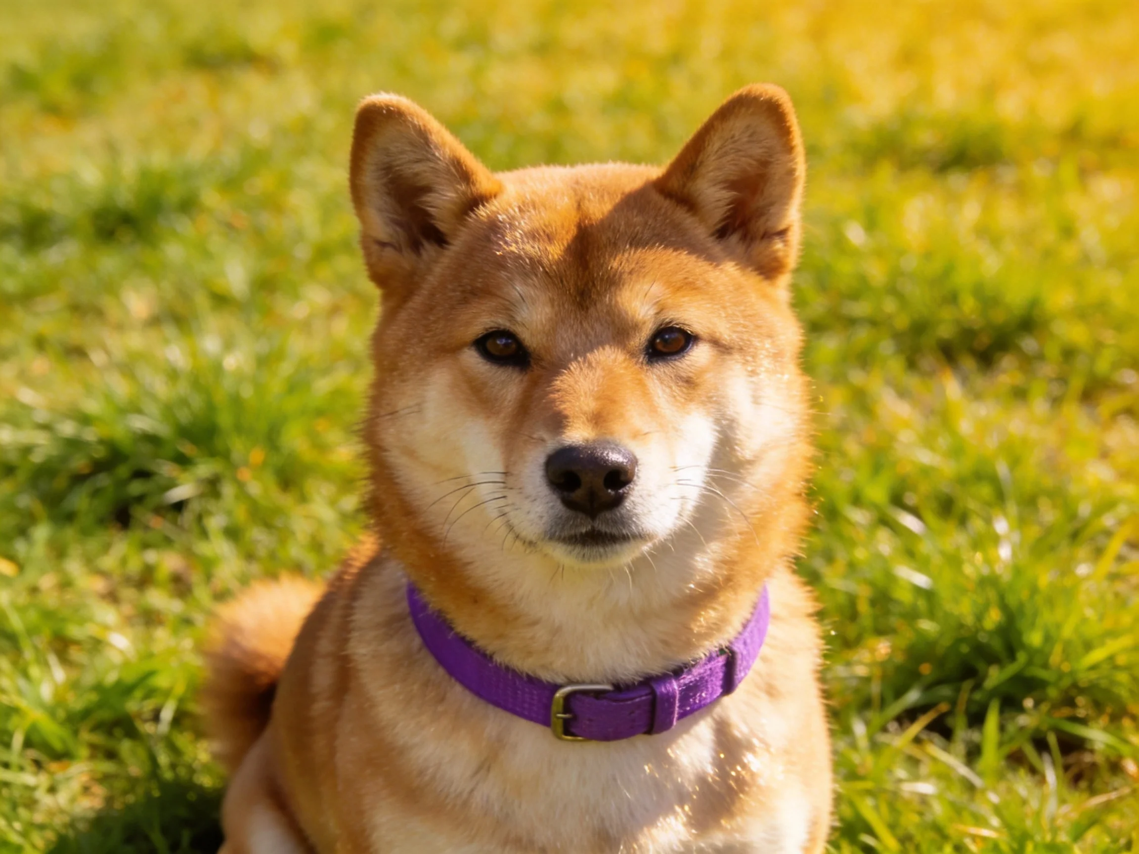 A tan Shiba Inu with a purple collar sits on green grass