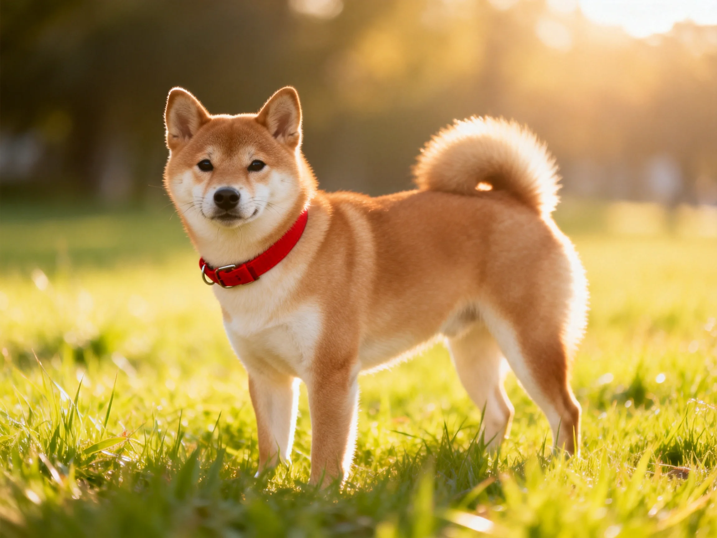 A tan Shiba Inu with a red collar stands on sunlit green grass