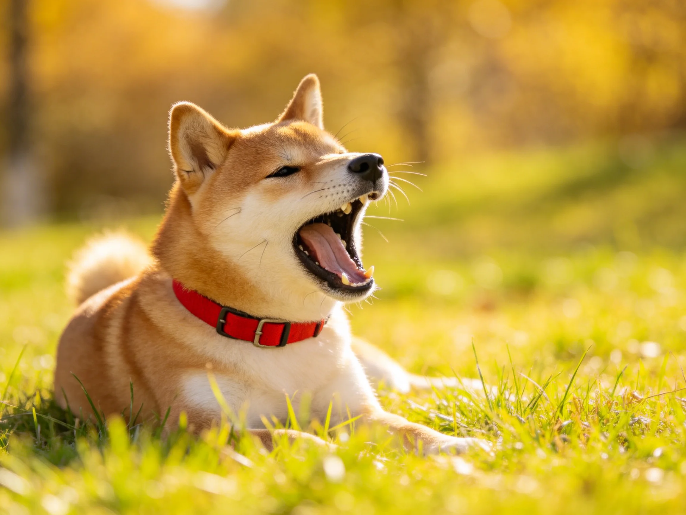 A tan Shiba Inu yawns on vibrant green grass under golden sunlight