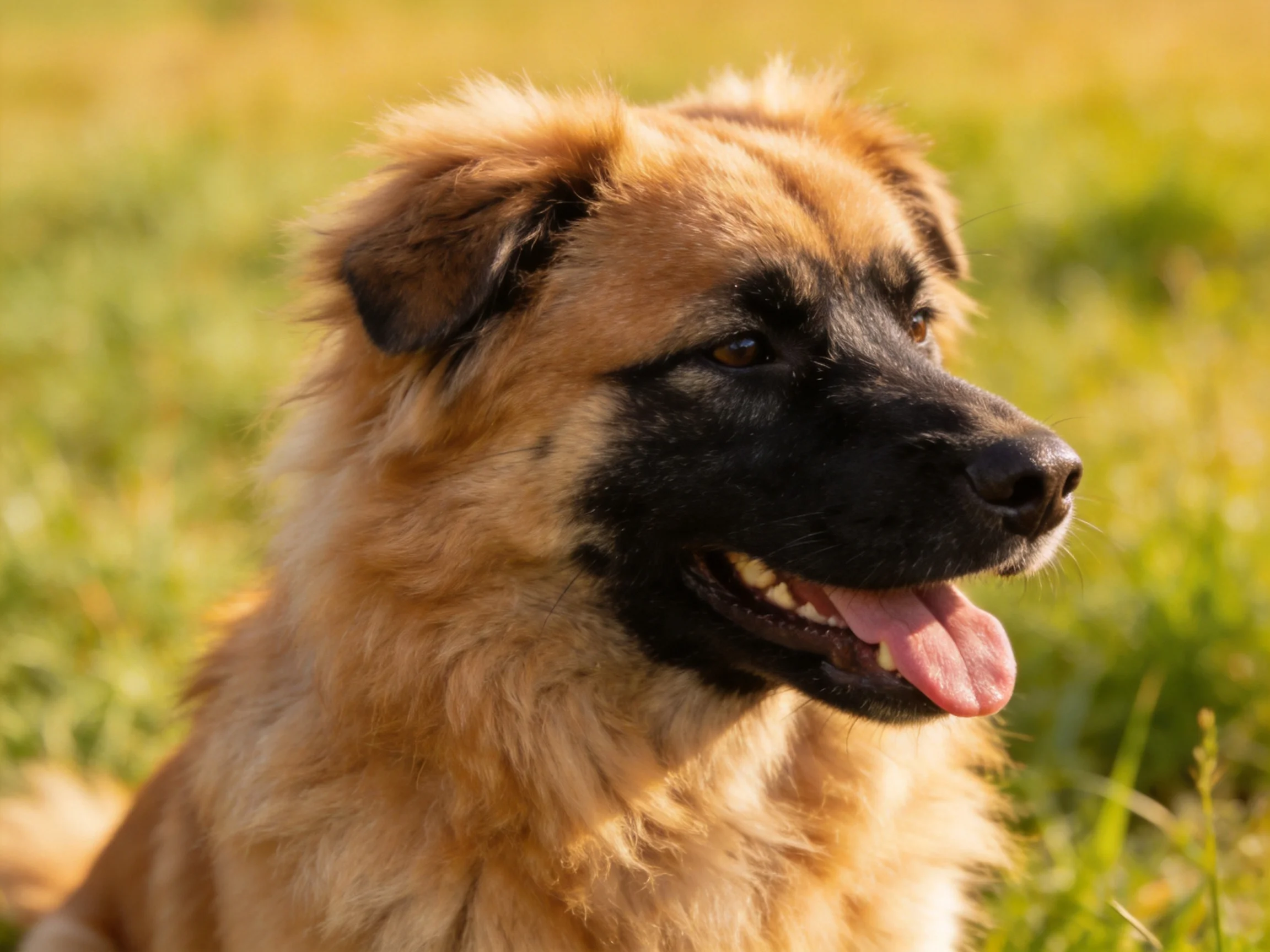 A tan and black-coated dog sits in a sunlit grassy field