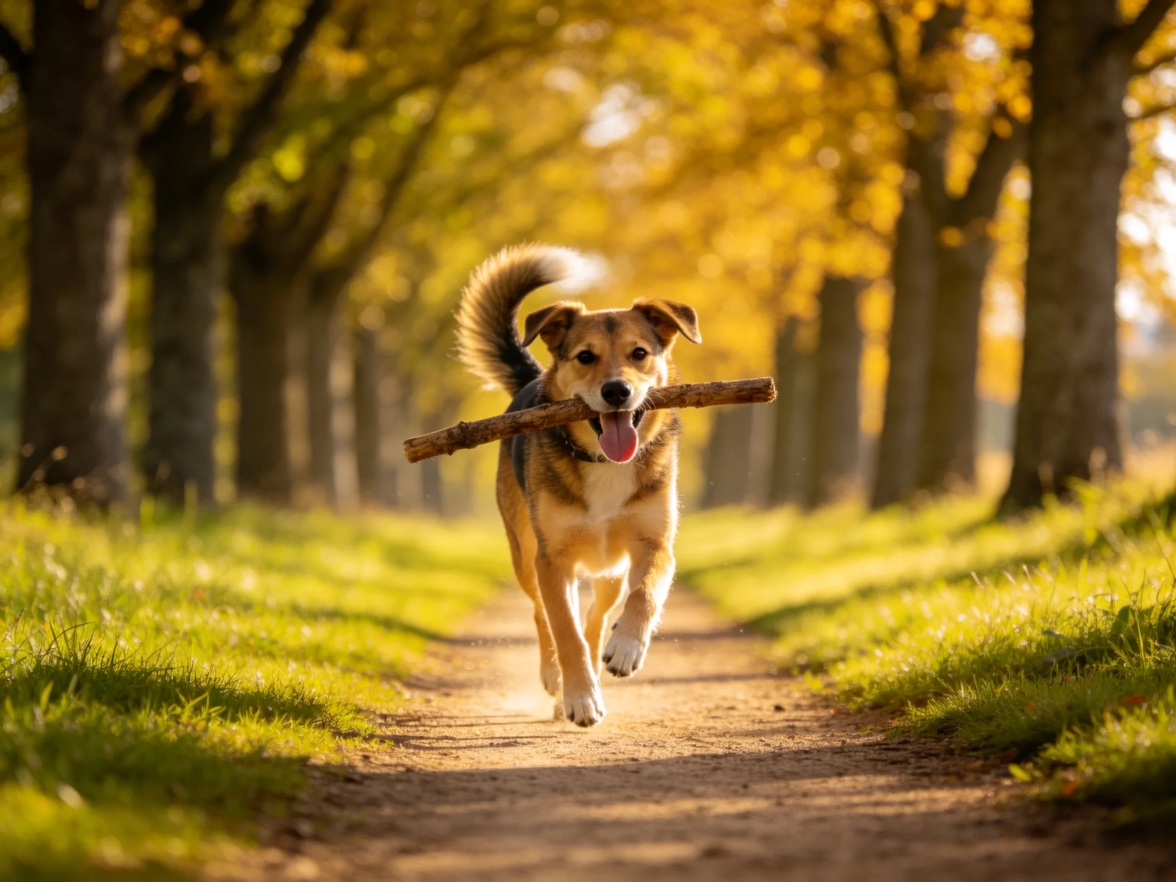 A tan and black dog carries a wooden stick along a sunlit path