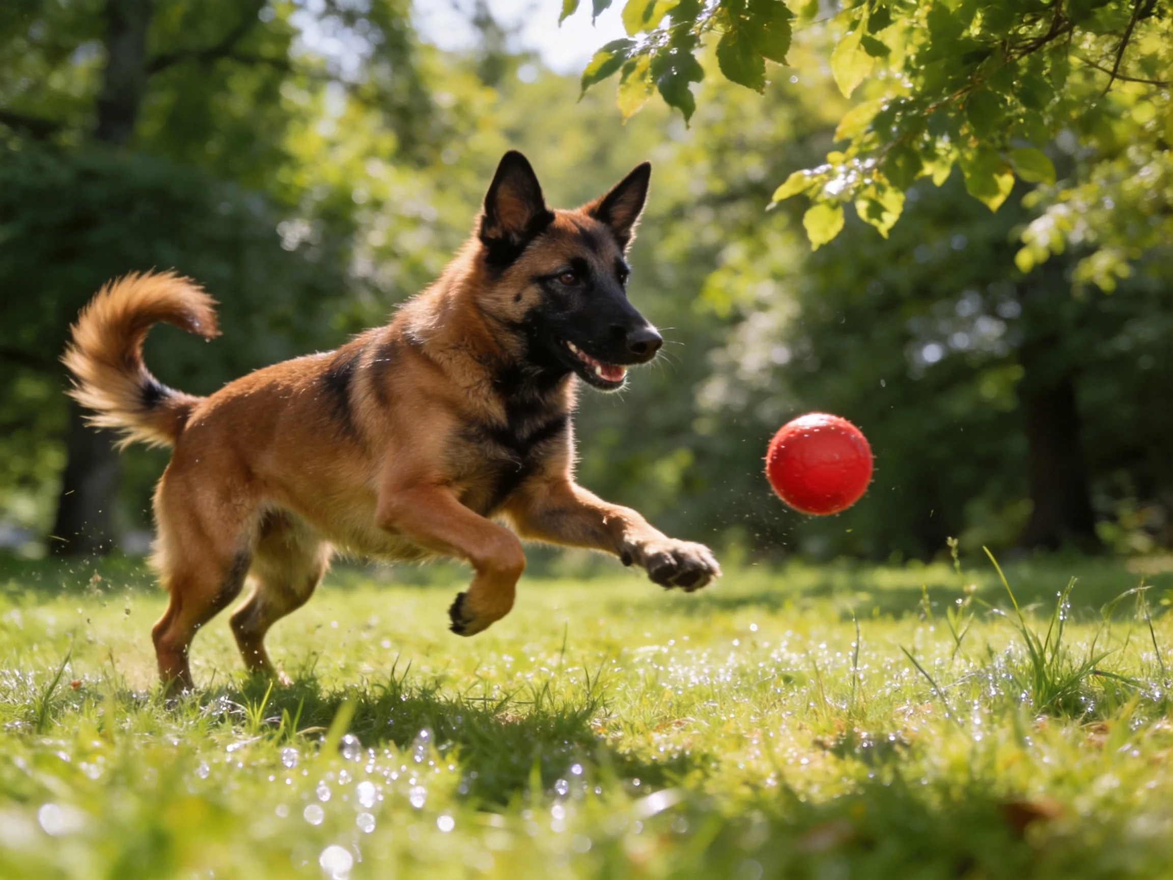 A tan and black dog chases a bright red ball in a sunlit grassy area