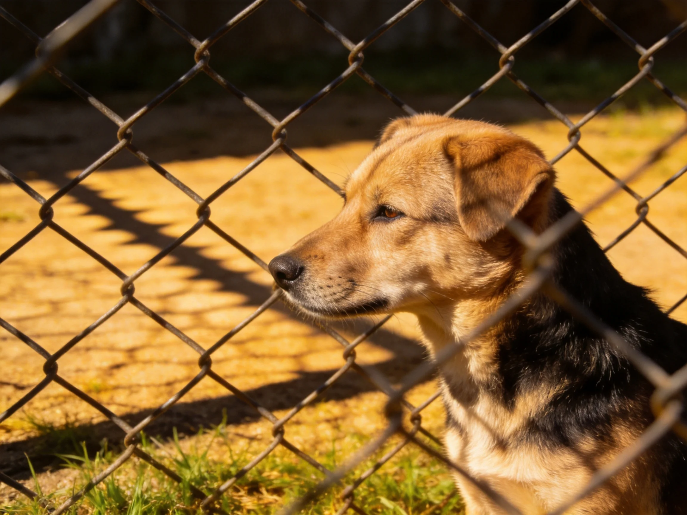 A tan and black dog gazes through a rusted chain-link fence into a sunny yard