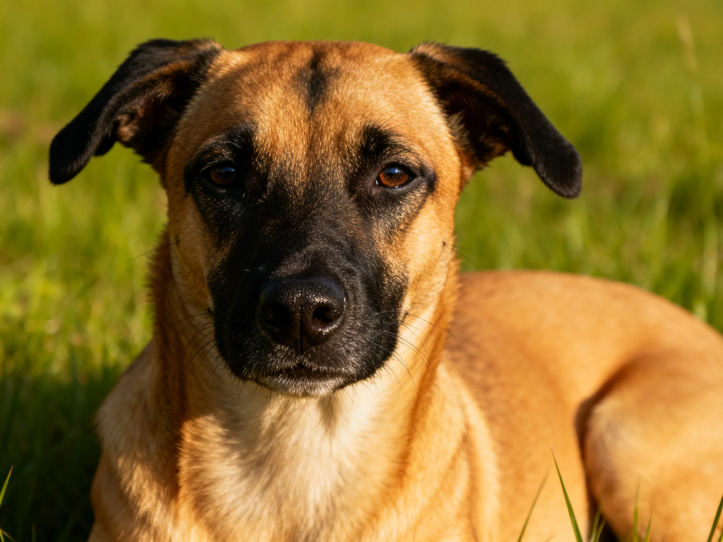 A tan and black dog relaxes in a sunlit grassy area.