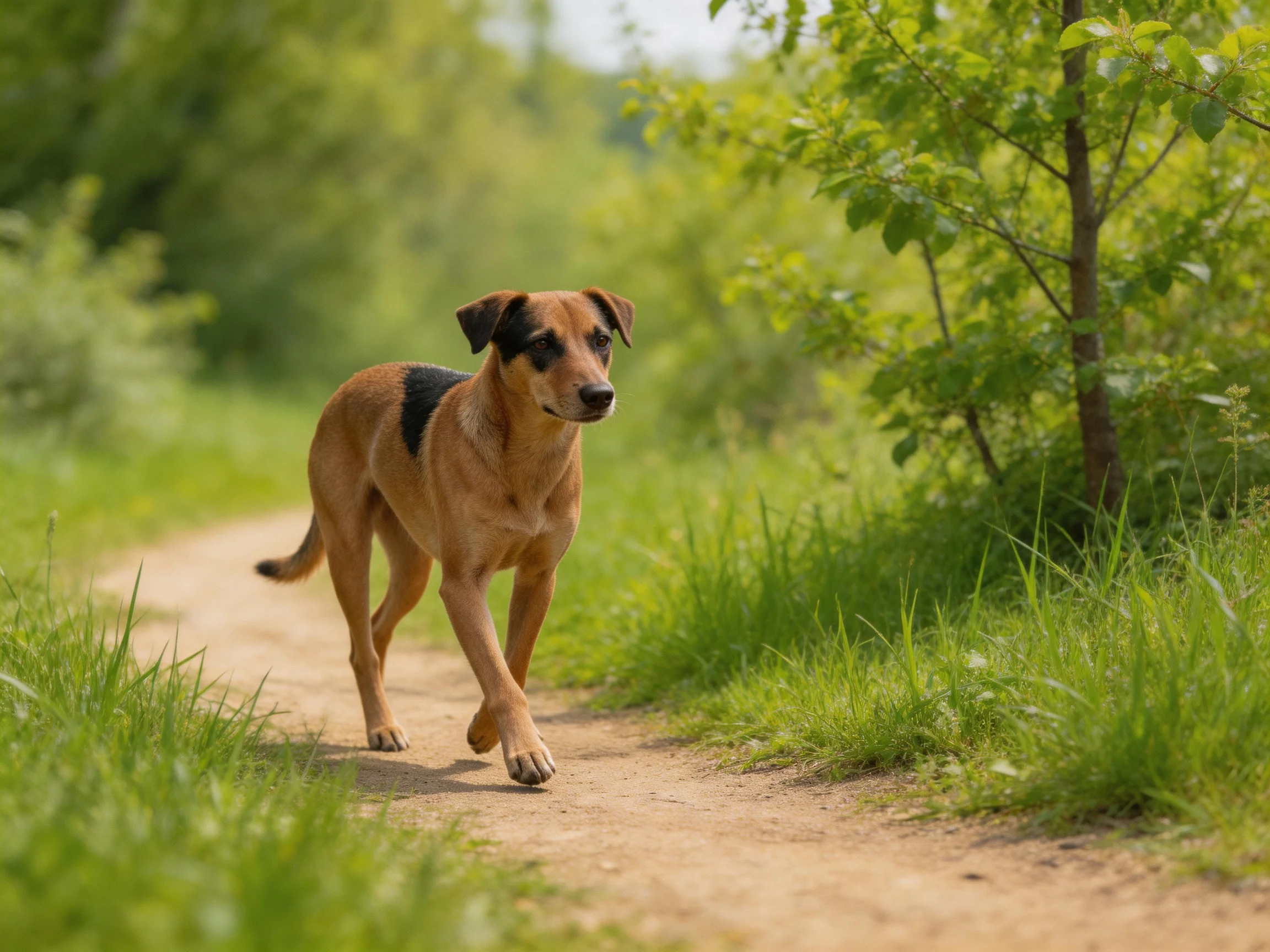 A tan and black dog runs on a sunlit dirt path near lush greenery.