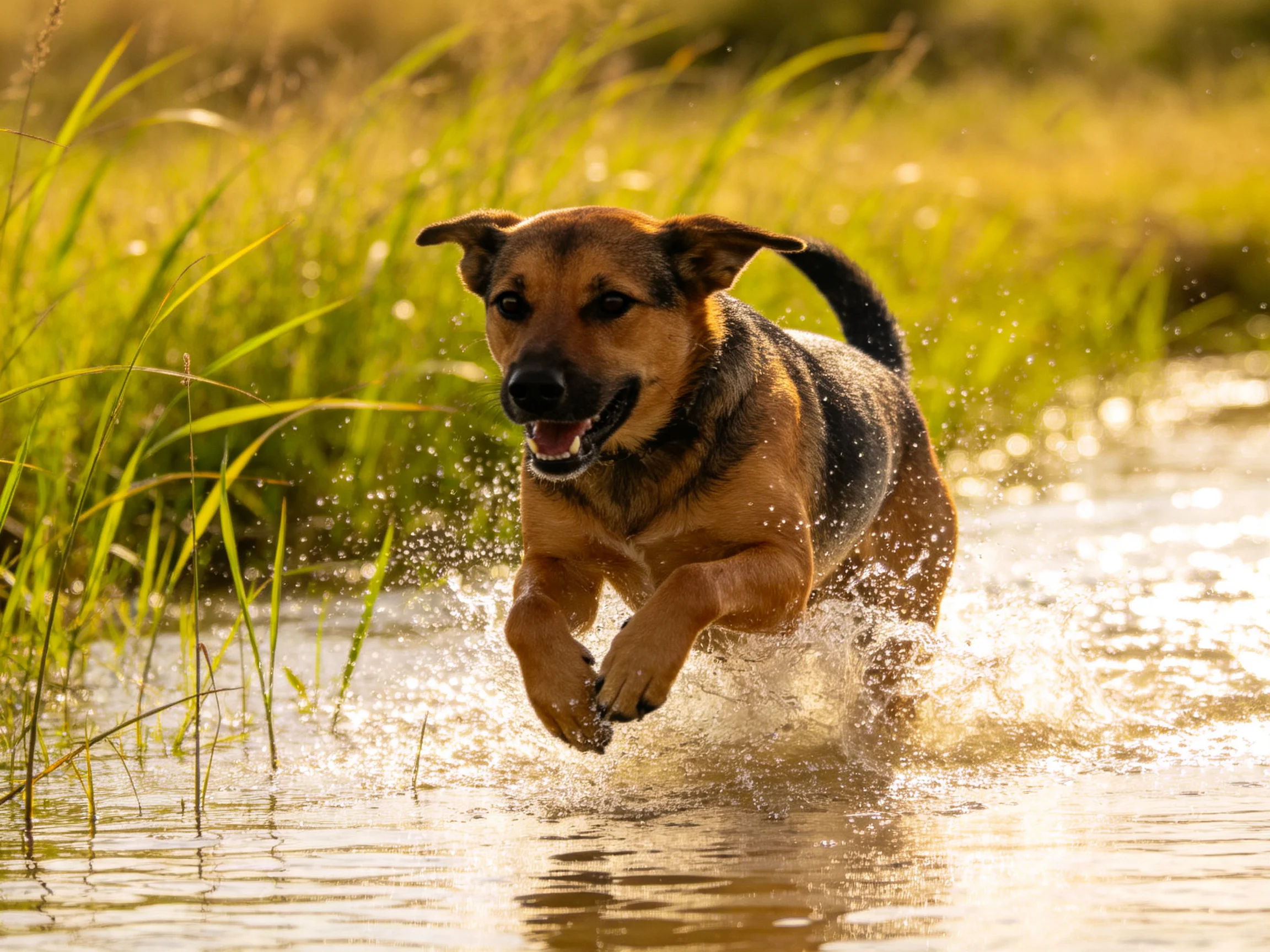 A tan and black dog splashing through shallow water near tall green reeds