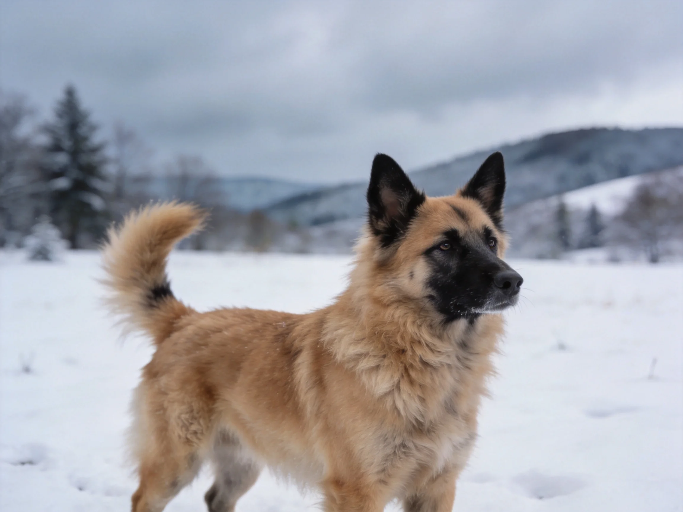 A tan and black dog stands alert in a snowy mountainous field