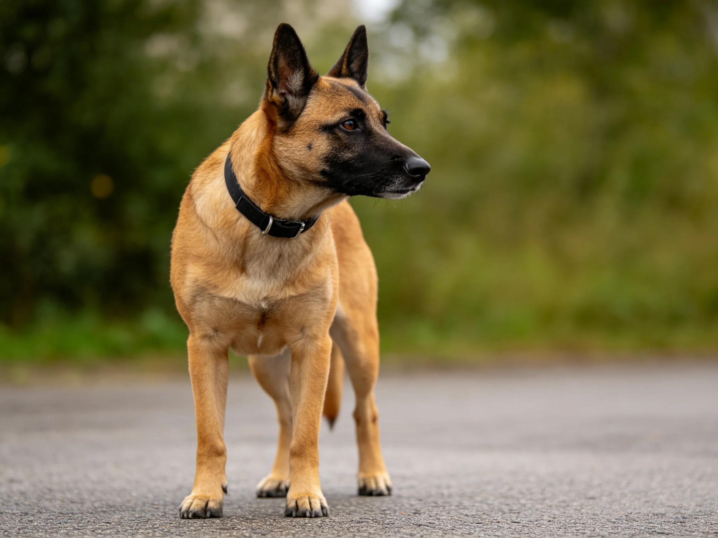 A tan and black dog stands alert on a paved path near green foliage