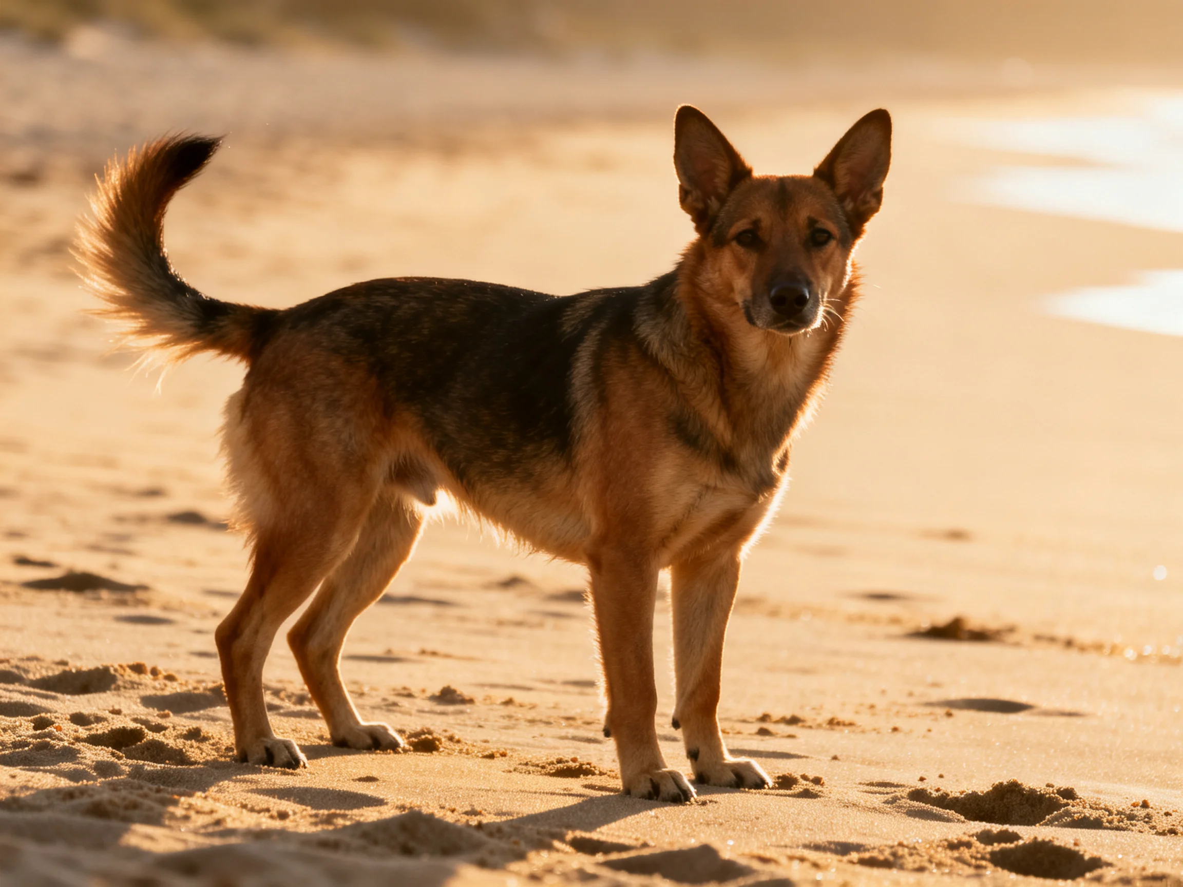 A dog stands on a sandy beach with warm lighting.