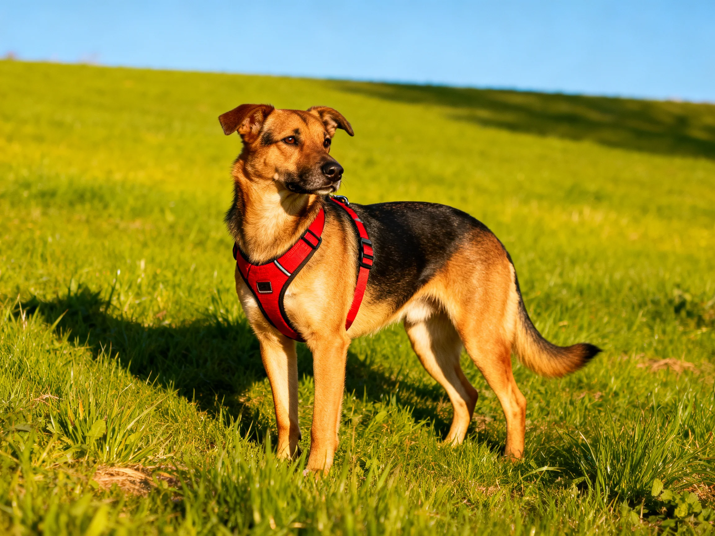A tan and black dog wearing a bright red harness stands on lush green grass