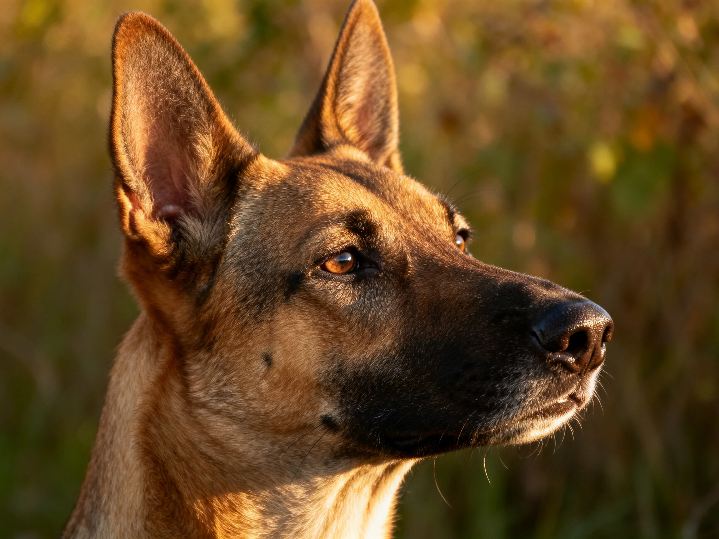 A tan and black dog with alert ears in golden light