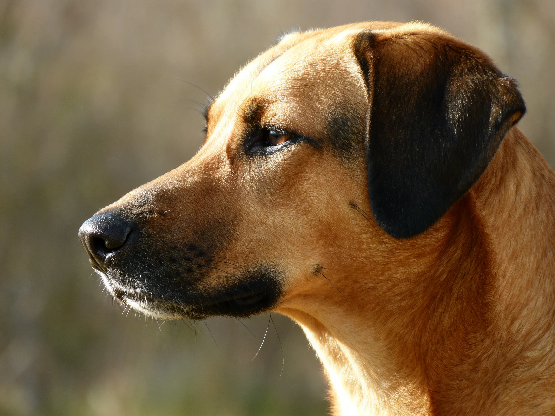A tan dog with black ears is shown in profile outdoors.