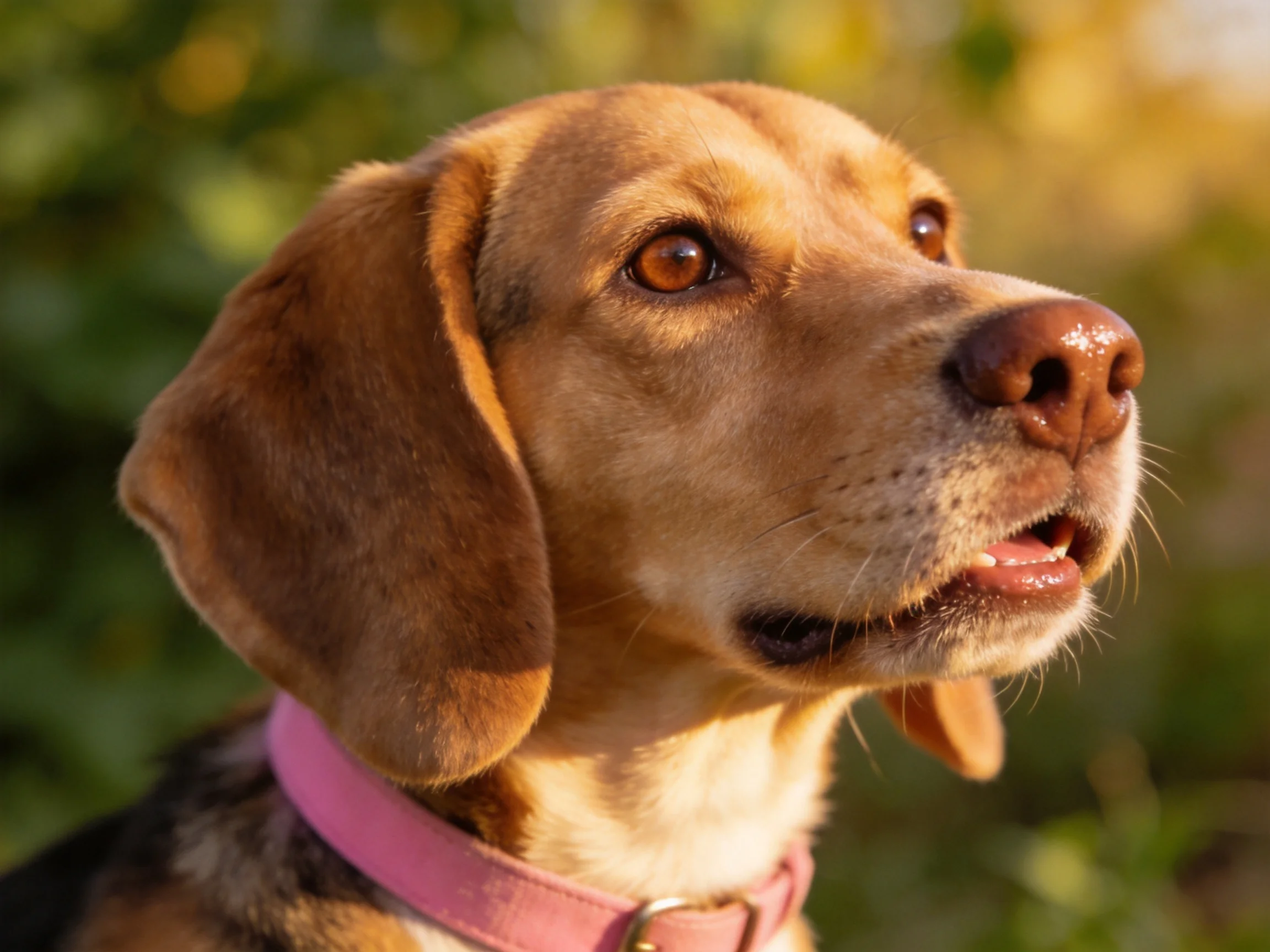 A tan and brown dog with a pink collar looks attentively in a sunlit outdoor space.