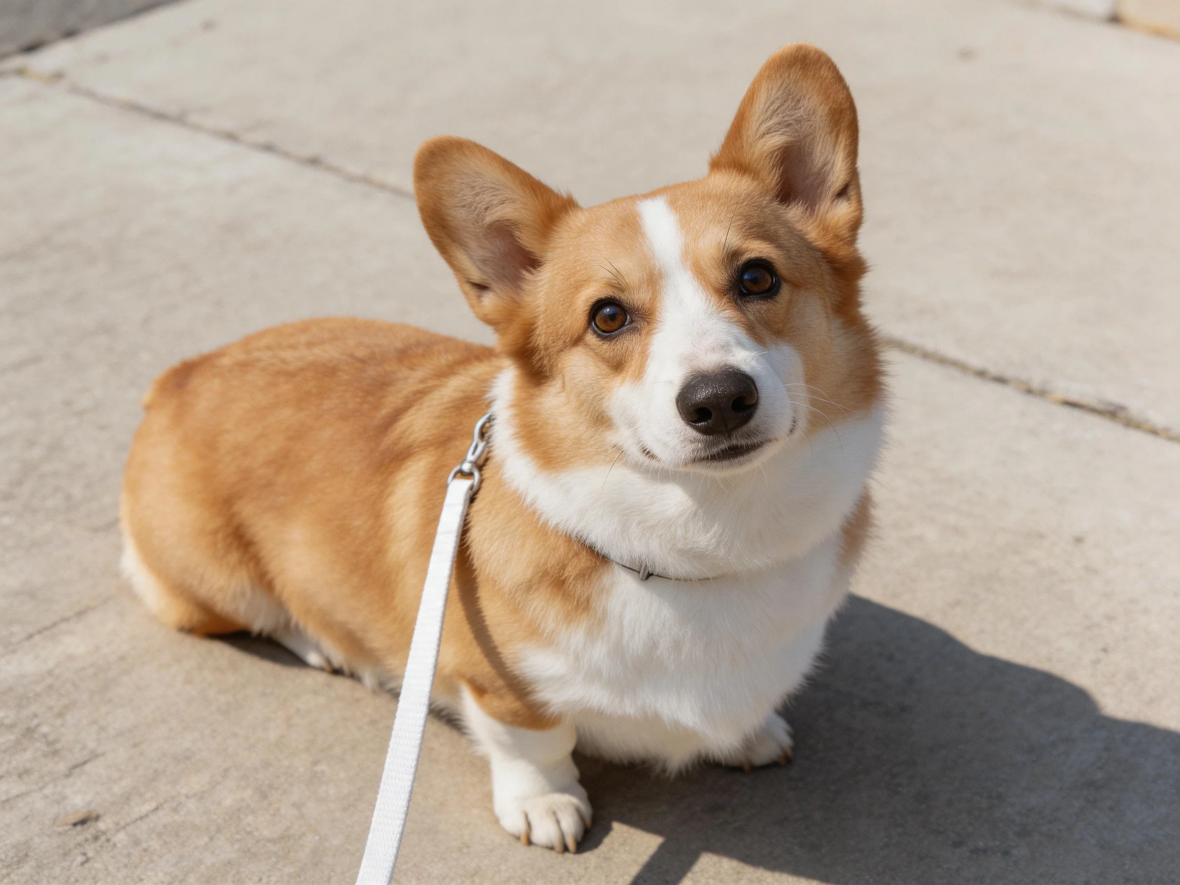A tan and white Pembroke Welsh Corgi sits on concrete pavement