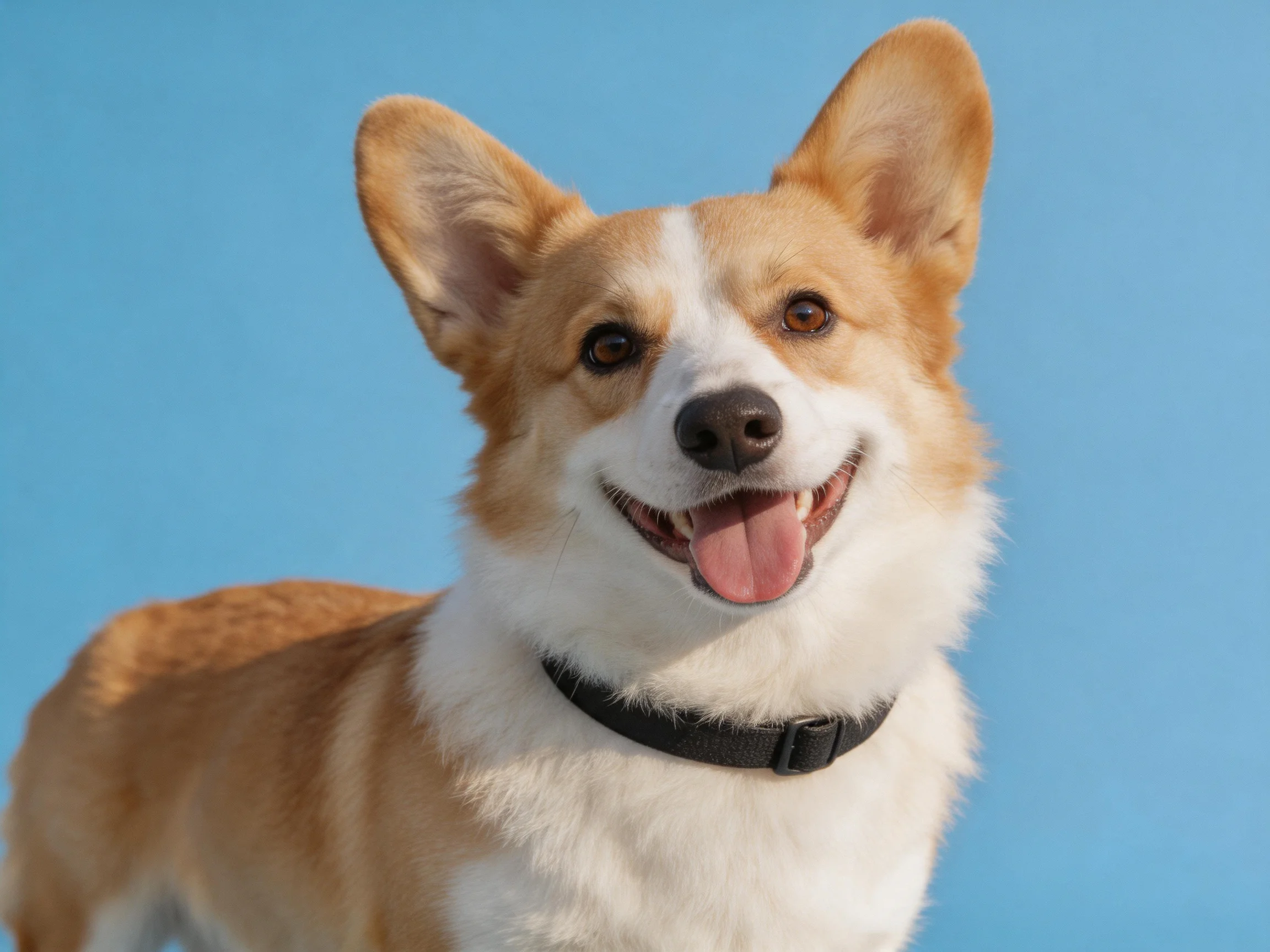A tan and white Pembroke Welsh corgi smiles cheerfully against a blue background.