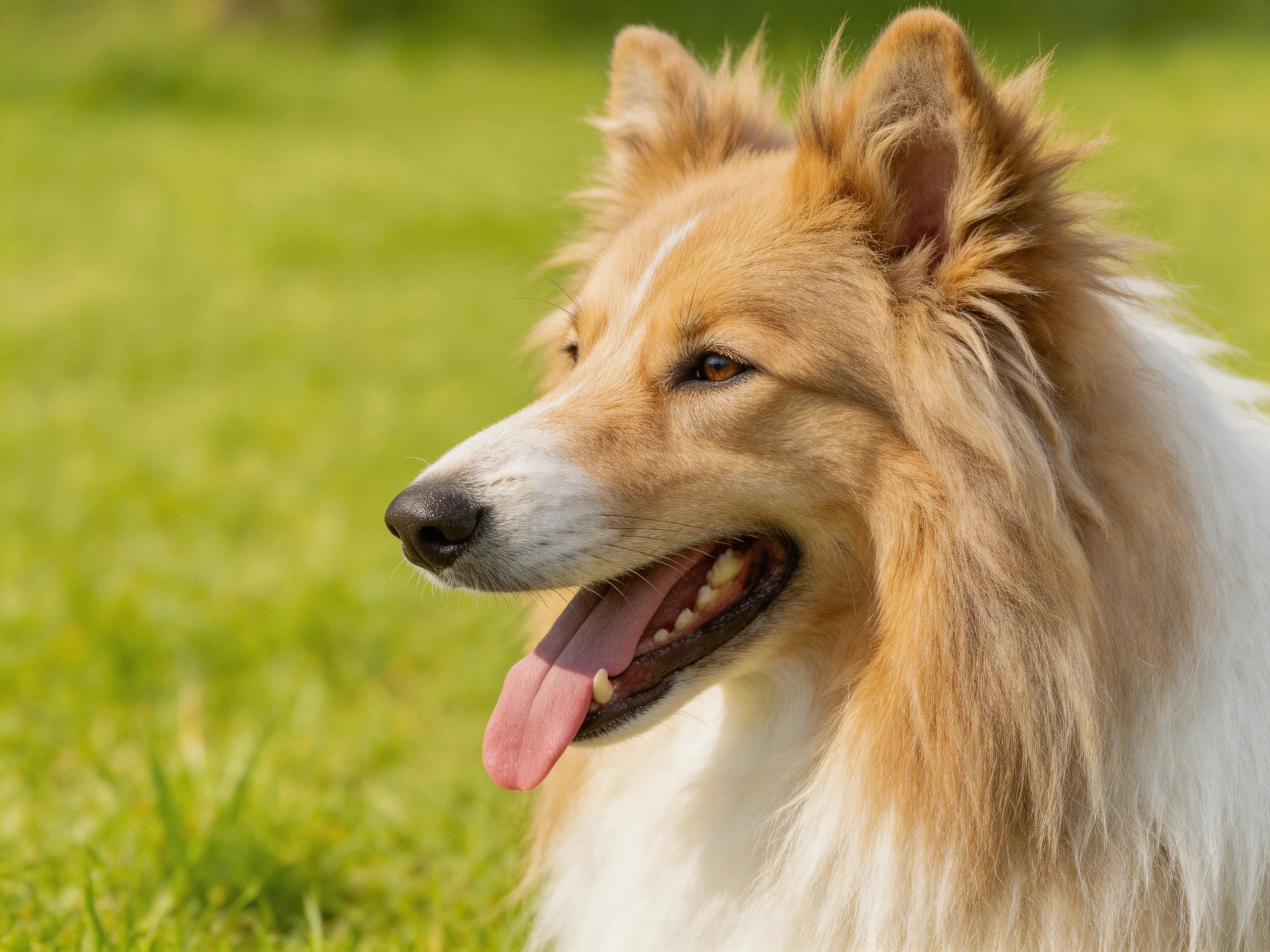 A tan and white Shetland sheepdog relaxes on green grass with its tongue out.