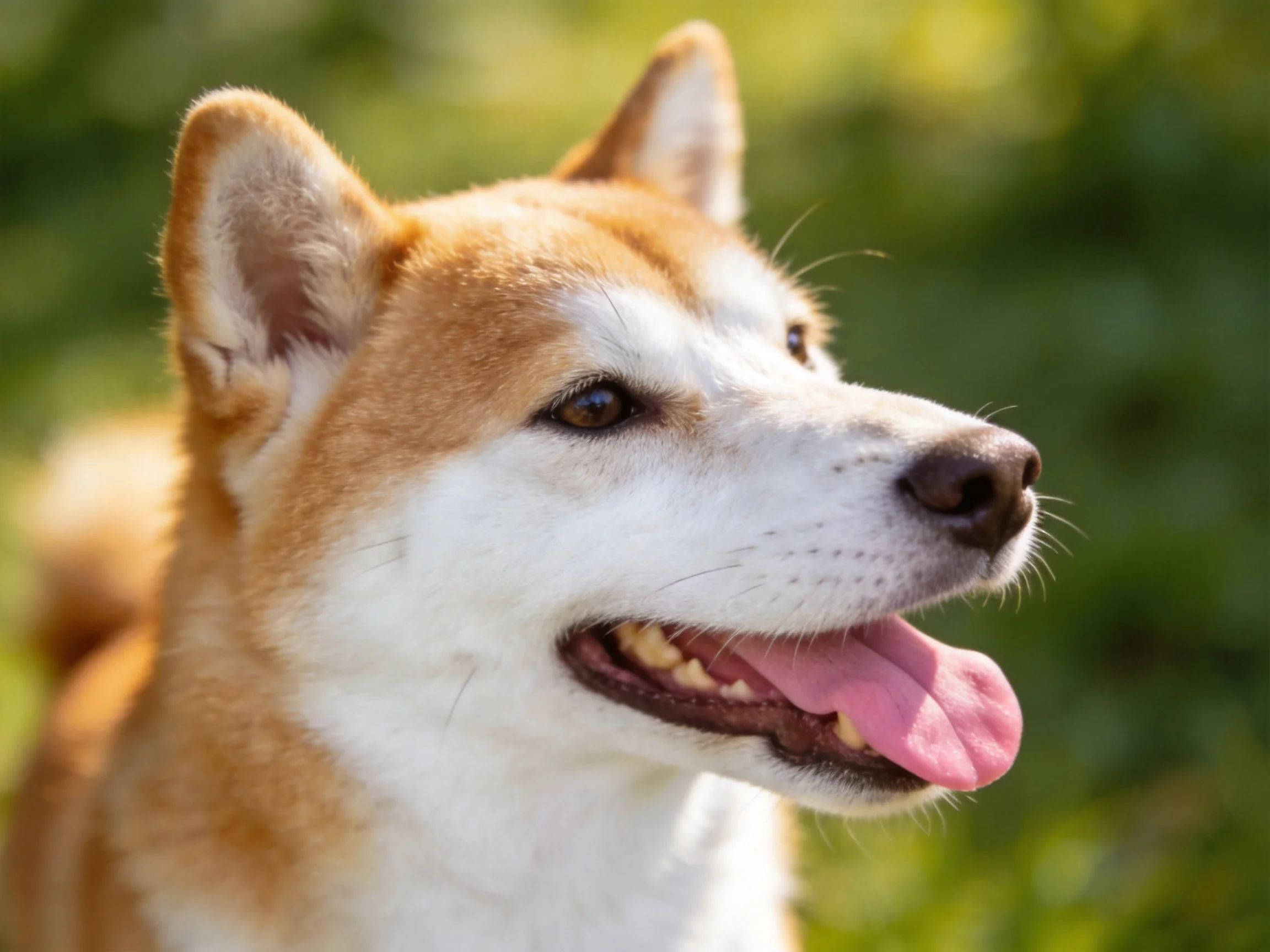 A tan and white Shiba Inu dog with an alert expression outdoors