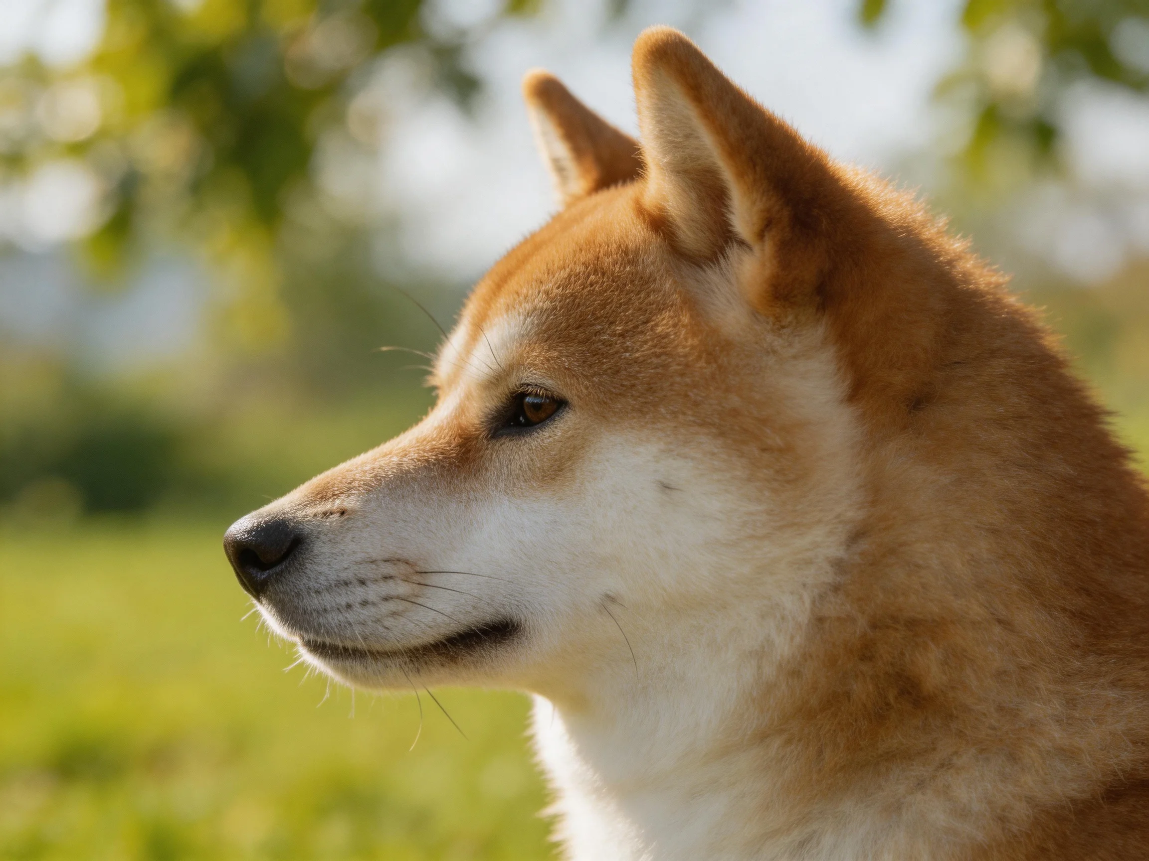A tan and white Shiba Inu gazes toward a sunlit green field