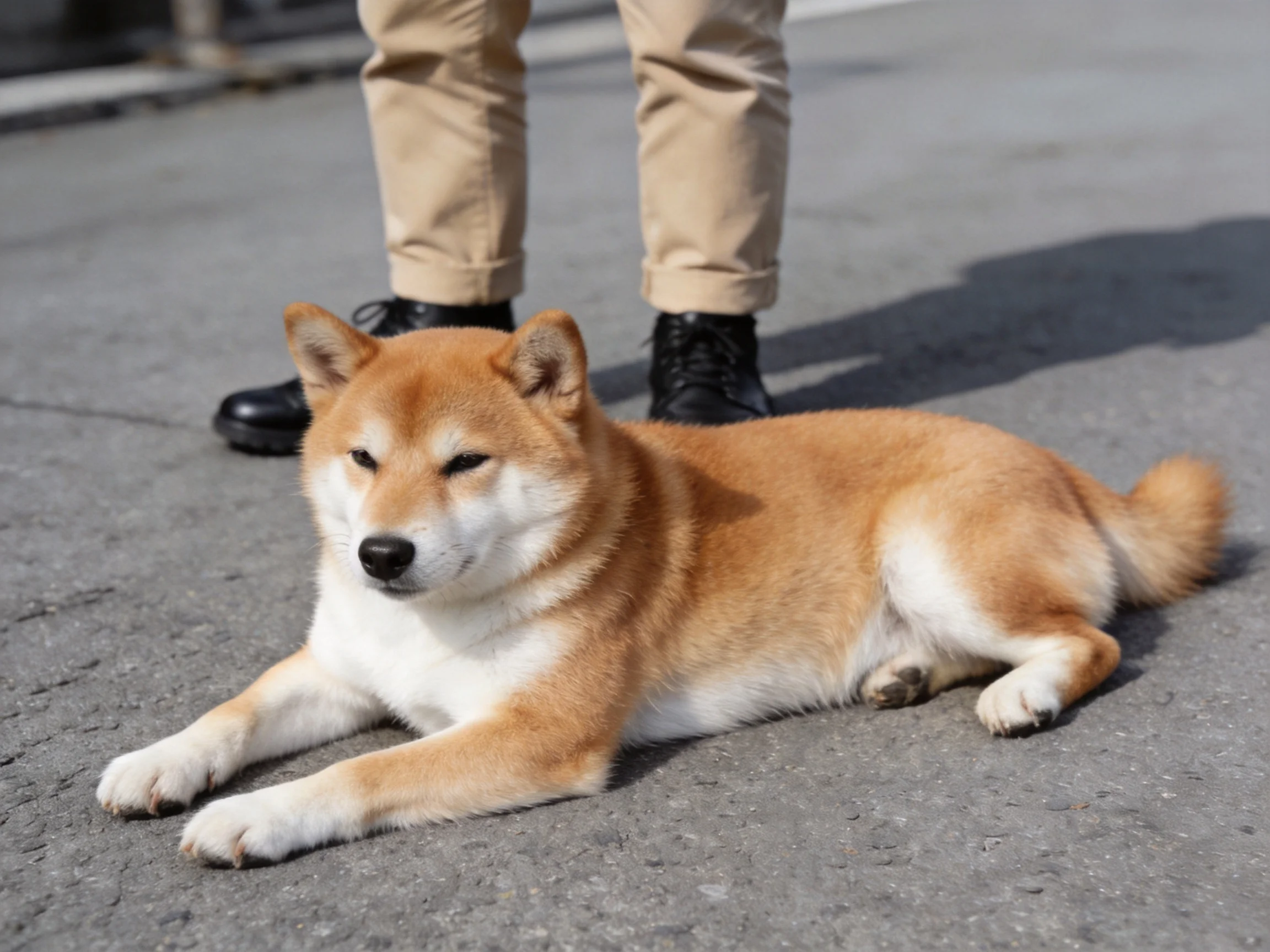 A tan and white Shiba Inu rests calmly beside someone’s legs on pavement.